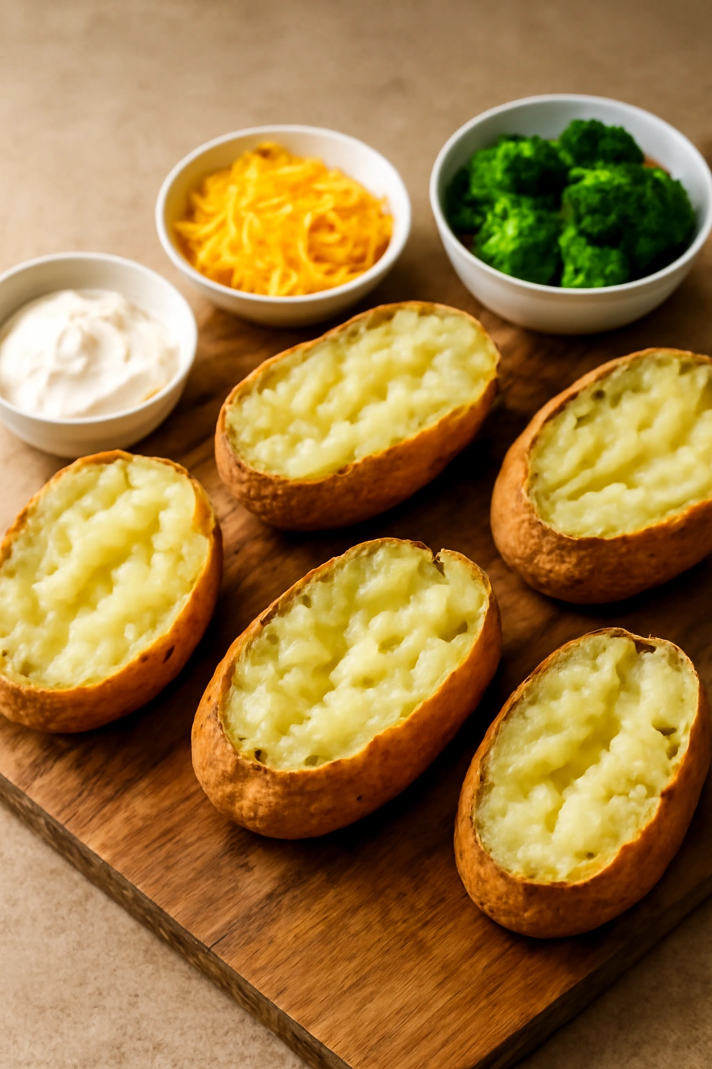Close-up of baked russet potatoes with toppings for budget dinner