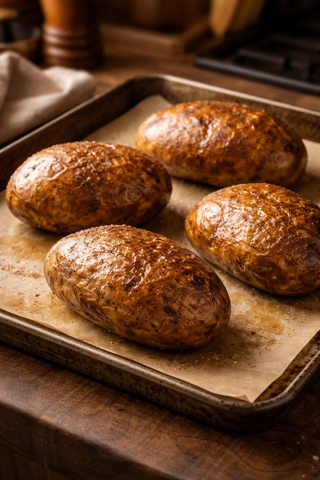 Four baked potatoes with crispy skins on a parchment-lined sheet.