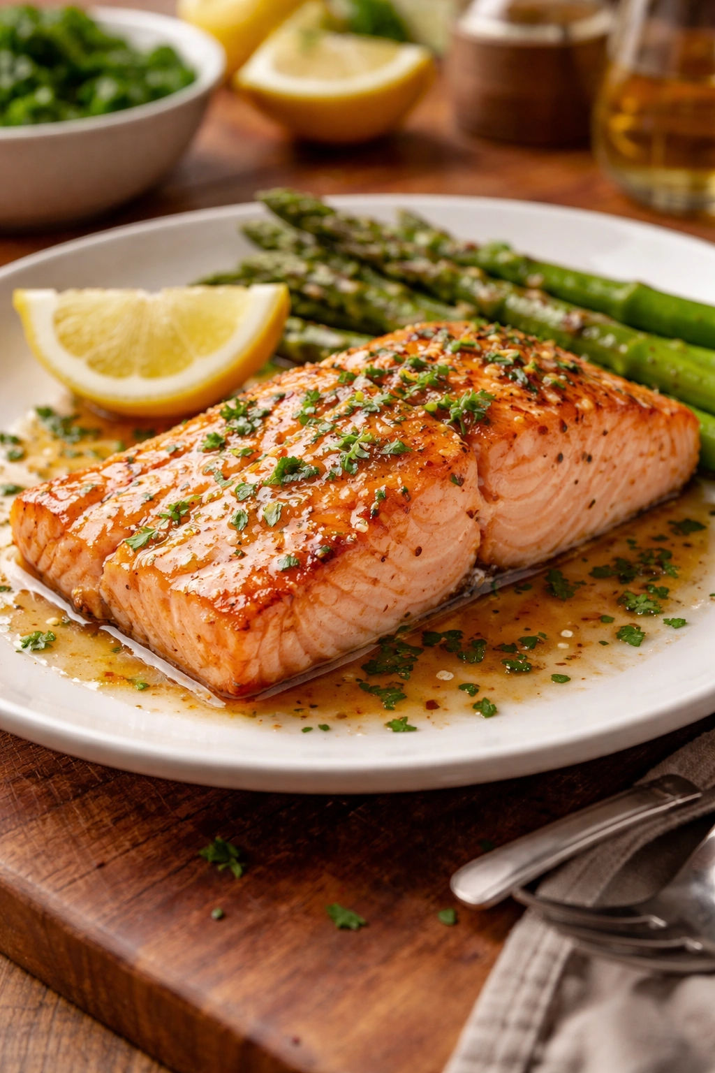 Baked salmon with garlic butter and herbs on plate