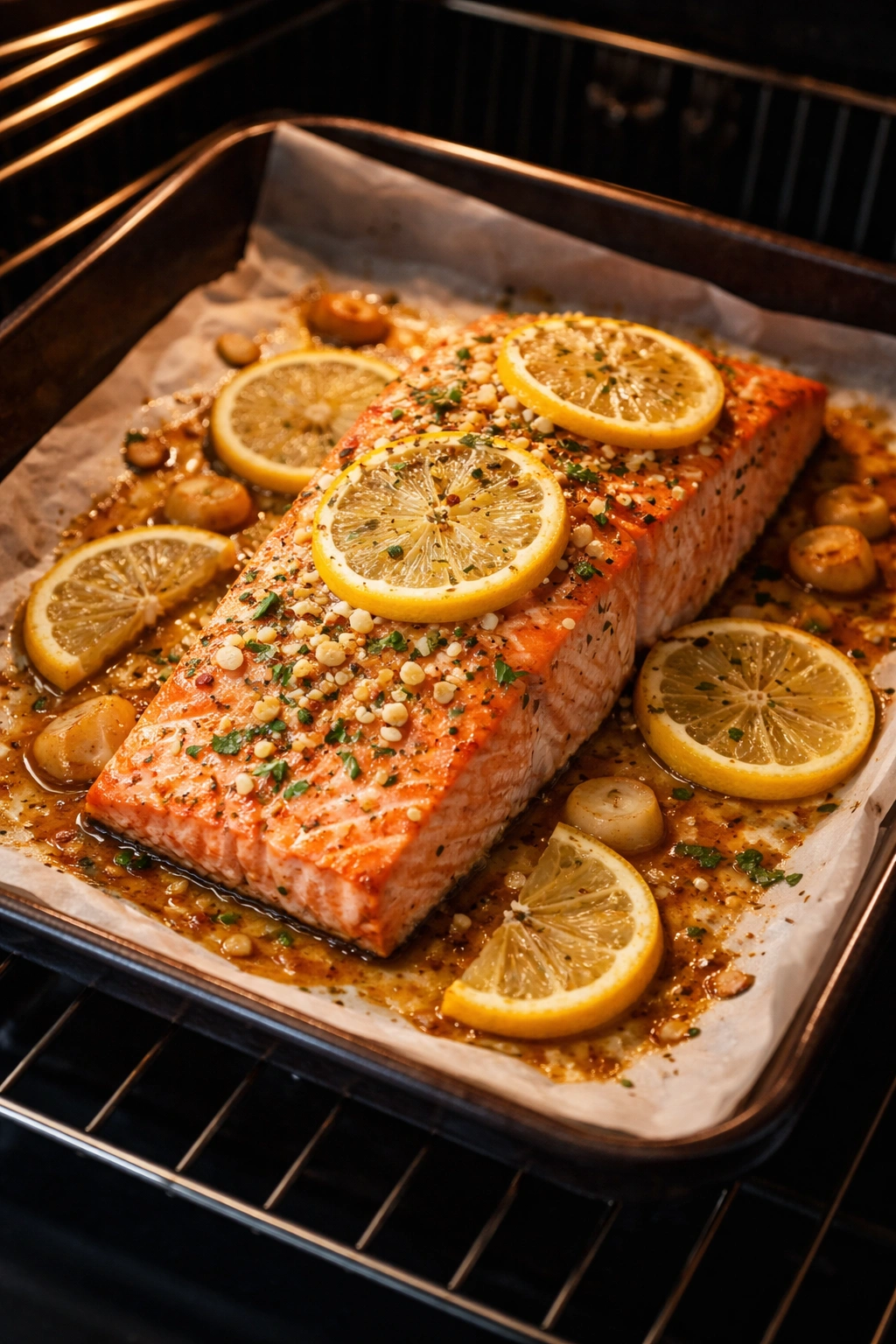 Baked salmon fillet with lemon and garlic on a baking sheet