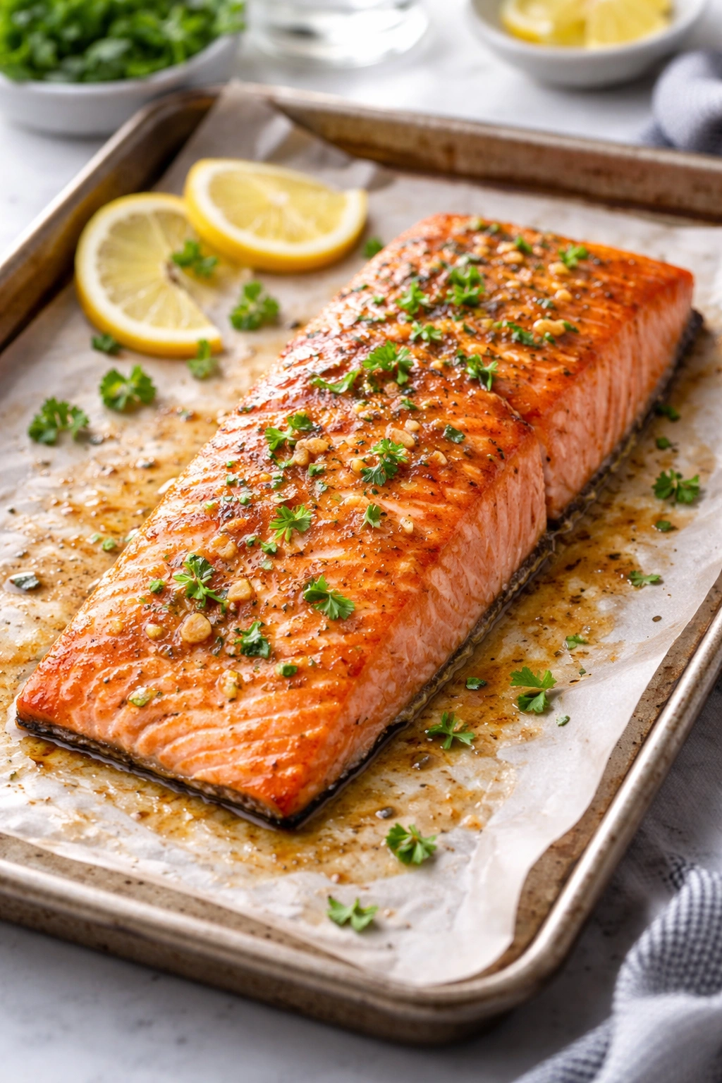 Baked salmon fillet on parchment with light glaze in bright kitchen