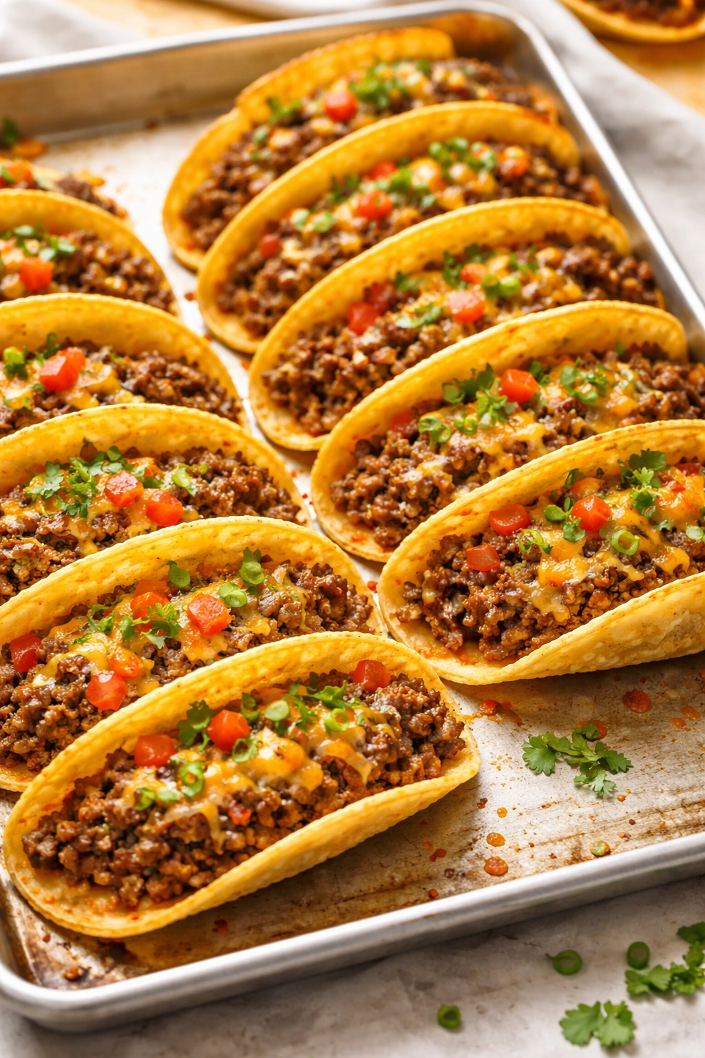 Baked crispy taco shells upright with beef filling and melted cheese