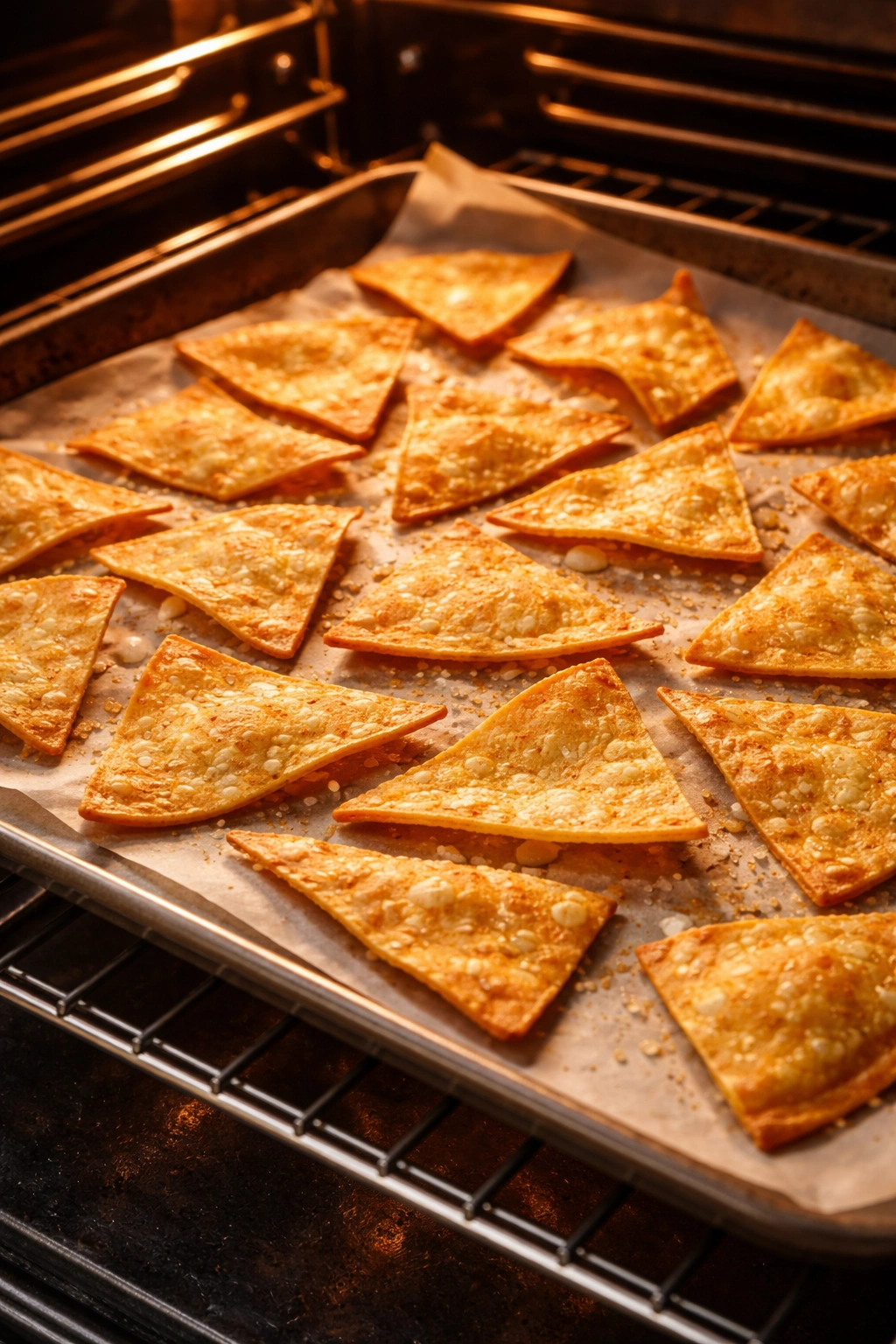 Baked tortilla chips with golden edges on a baking sheet