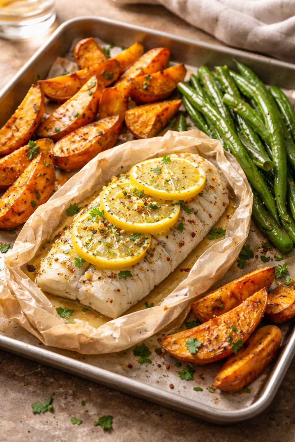 Baked white fish with roasted potato and green beans on sheet pan