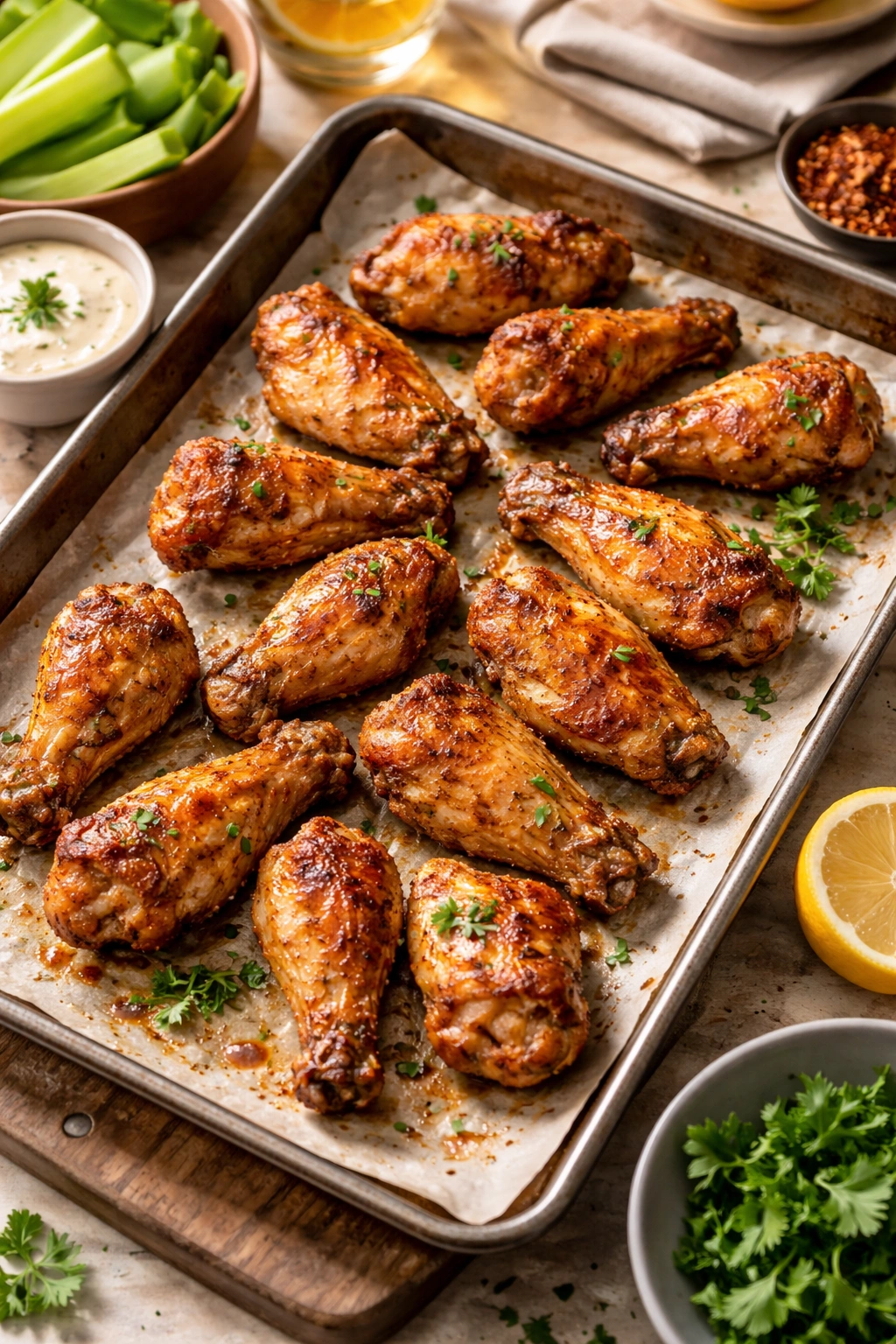 Close-up of golden baked chicken wings on parchment, crispy skin.