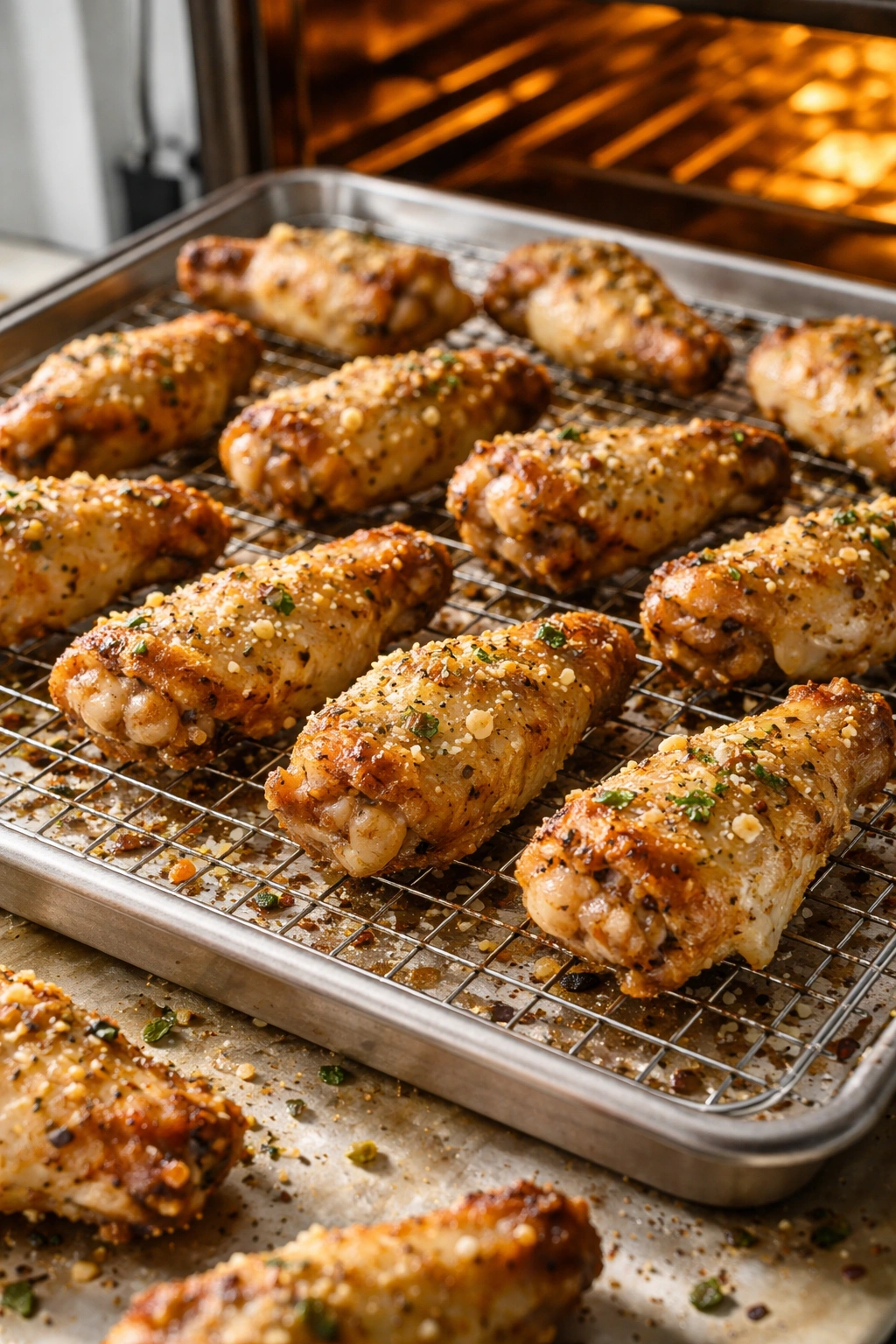 Golden baked wings on a wire rack in a kitchen
