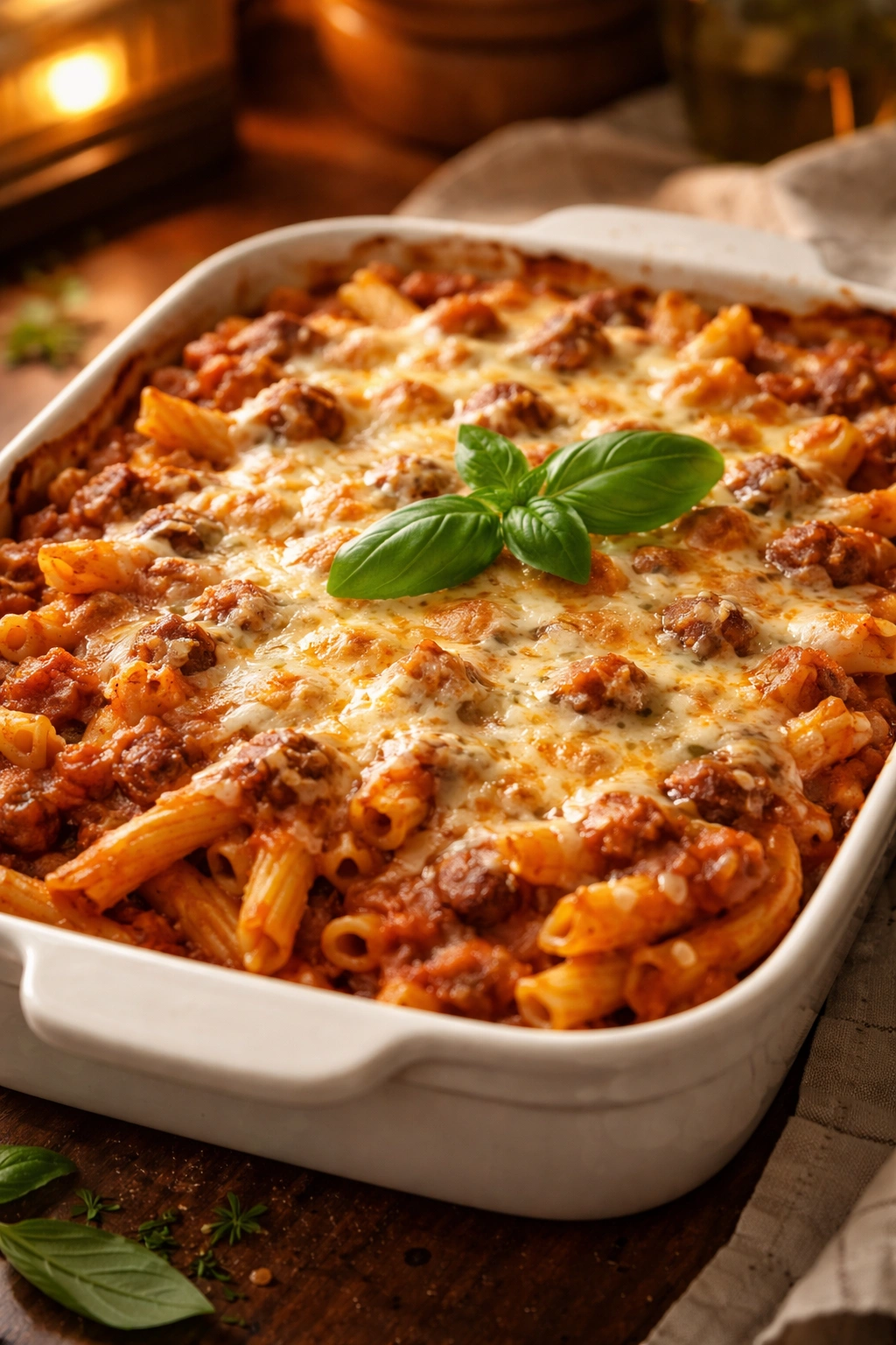 Close-up of bubbling baked ziti in a baking dish with cheese crust