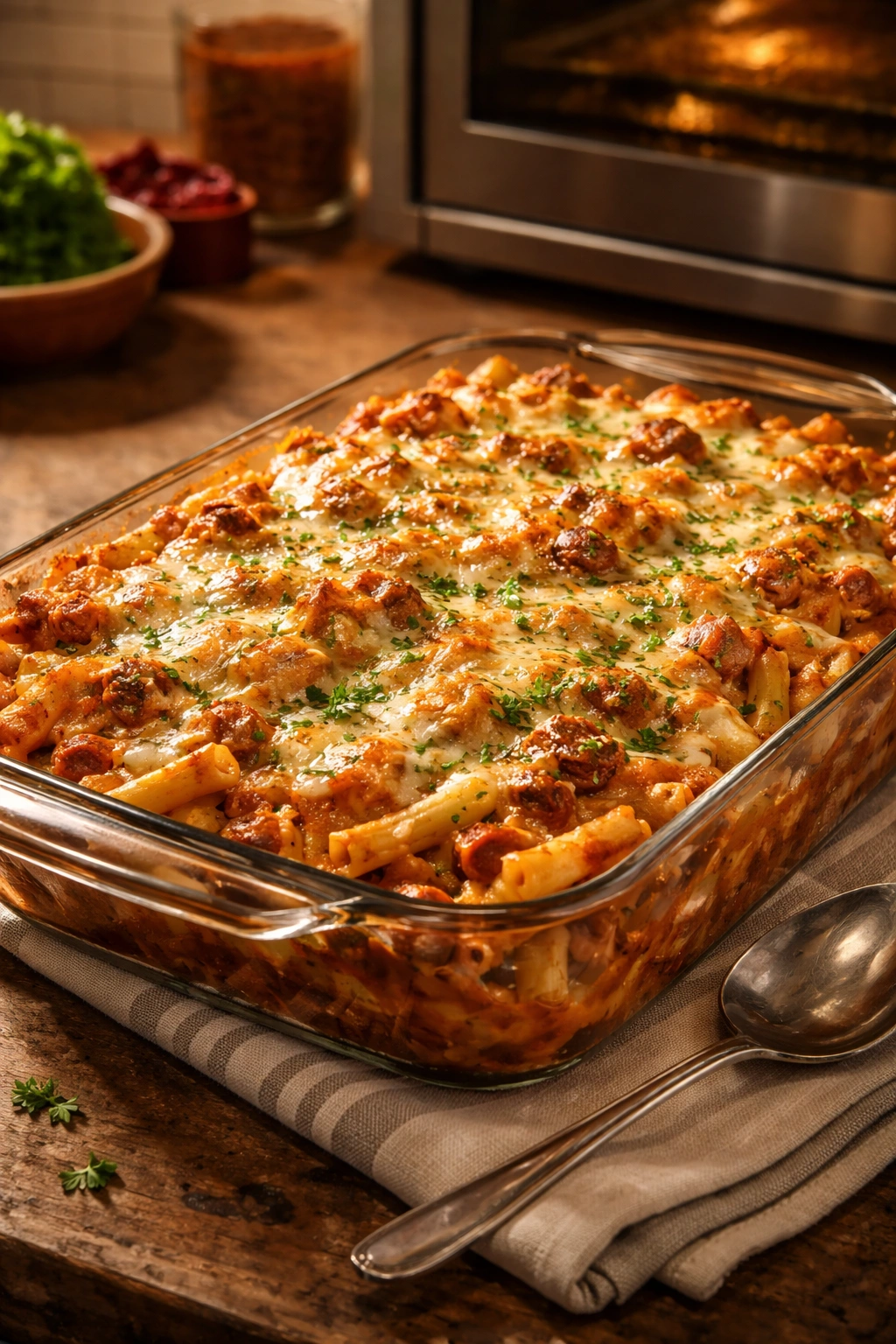 Baked ziti with bubbly melted cheese in a baking dish.