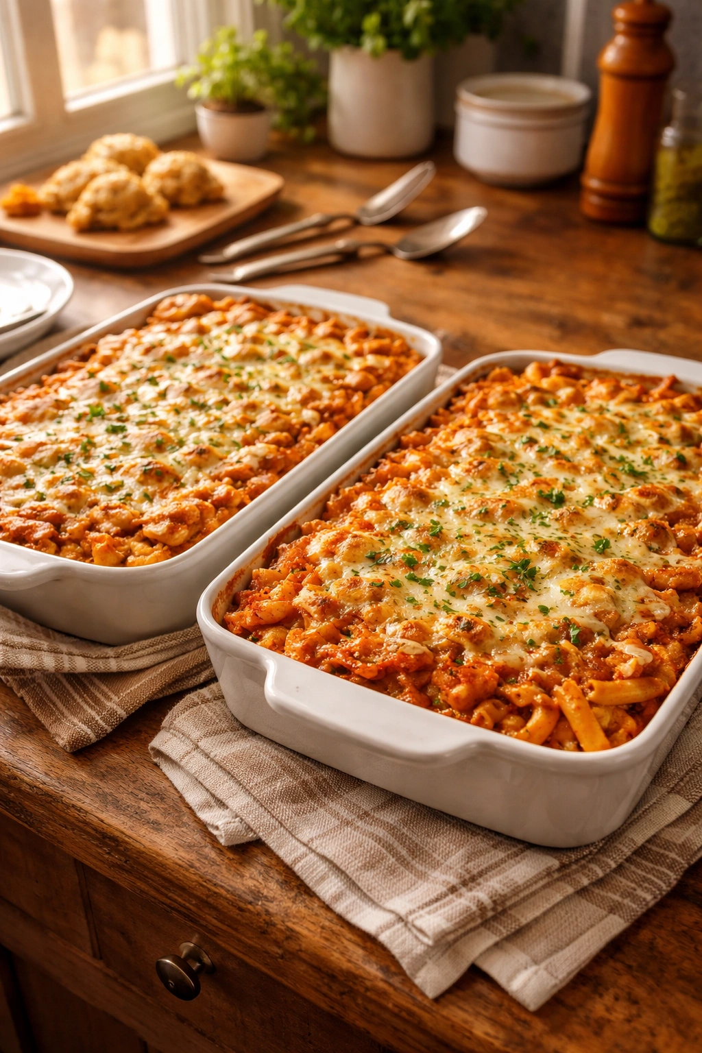 Two large baked ziti casseroles with golden cheese on a warm kitchen counter