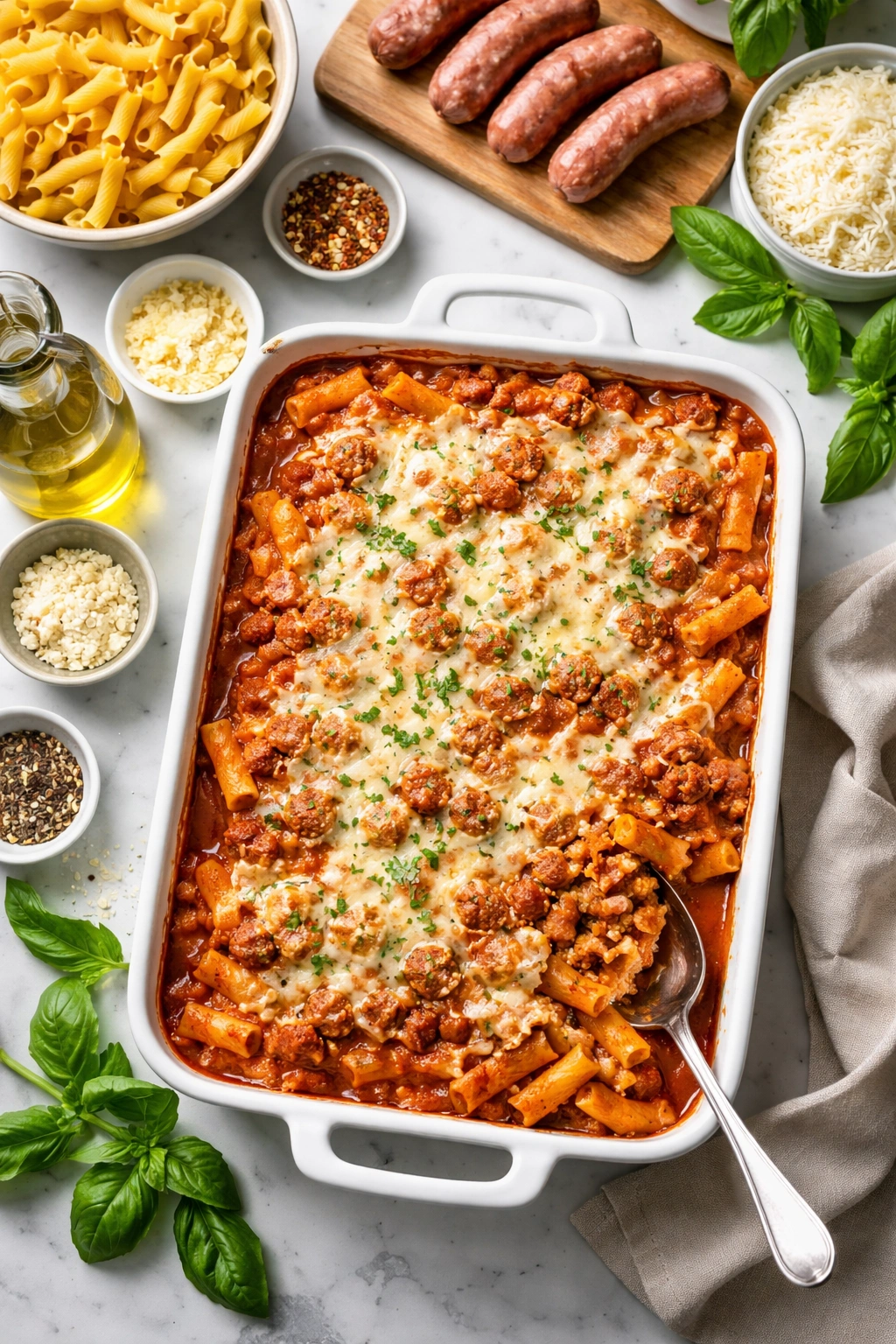 Full baked ziti in a pan with bubbling cheese