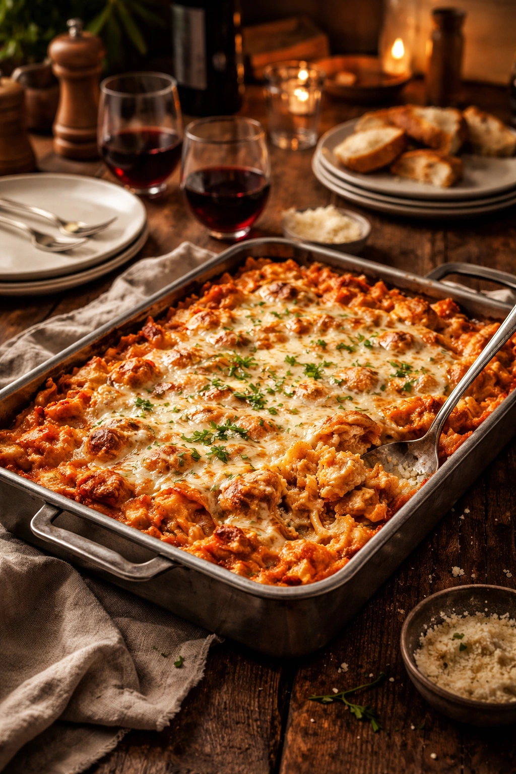Baked ziti in a pan with melted cheese on a rustic table