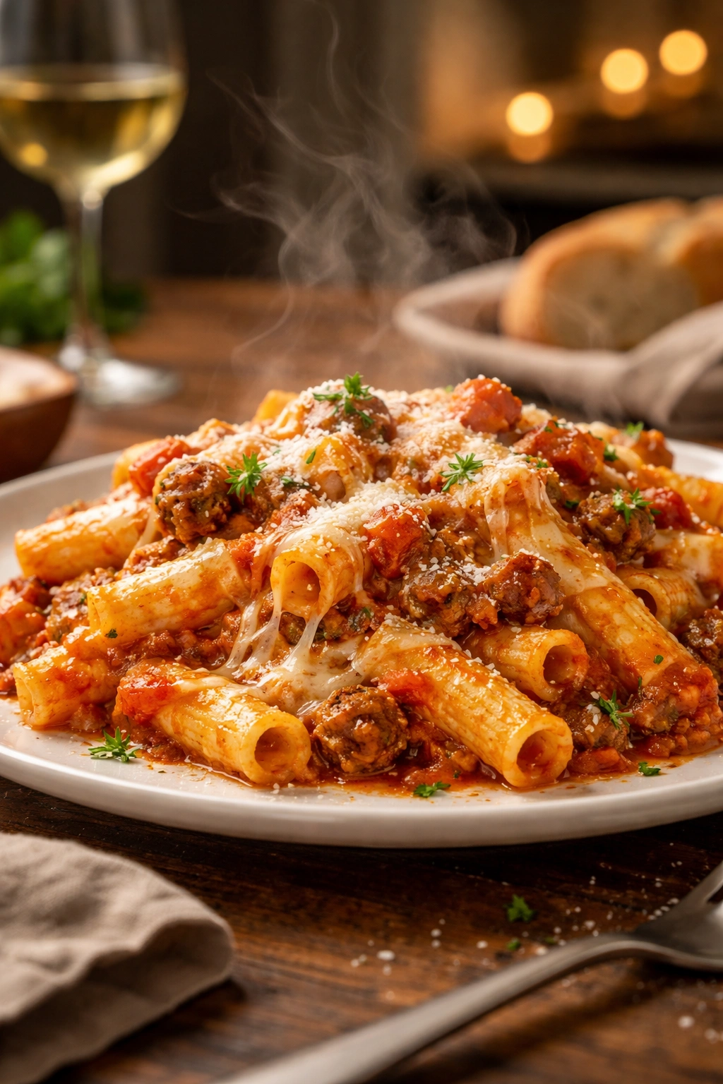 Steaming baked ziti on a plate in a warm dining setting.