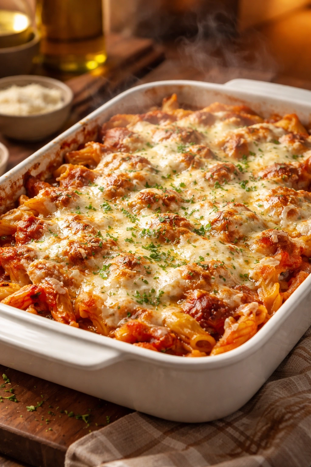 Baked ziti in a baking dish with melted cheese on top