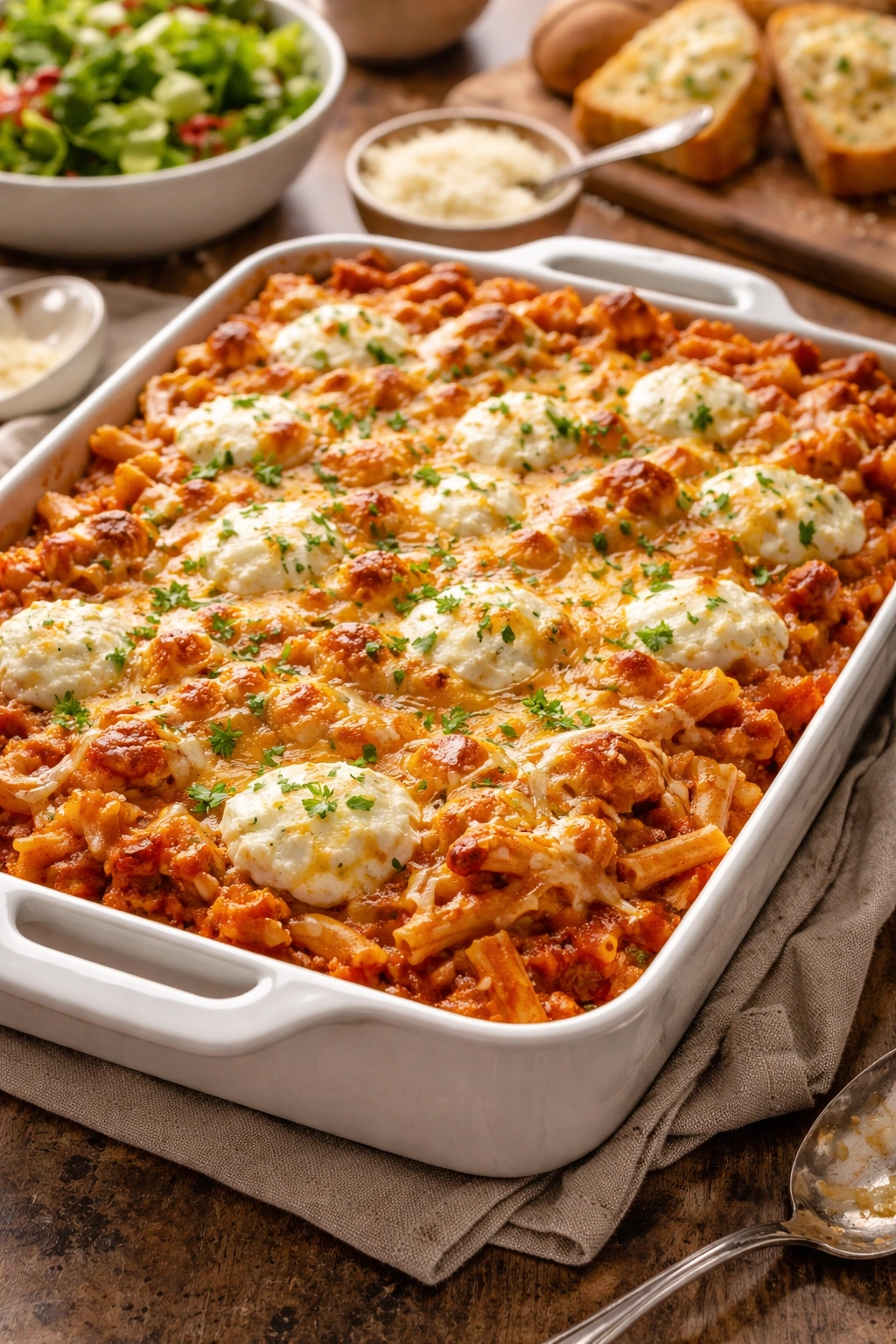 Large casserole of baked ziti with ricotta and mozzarella bubbling.