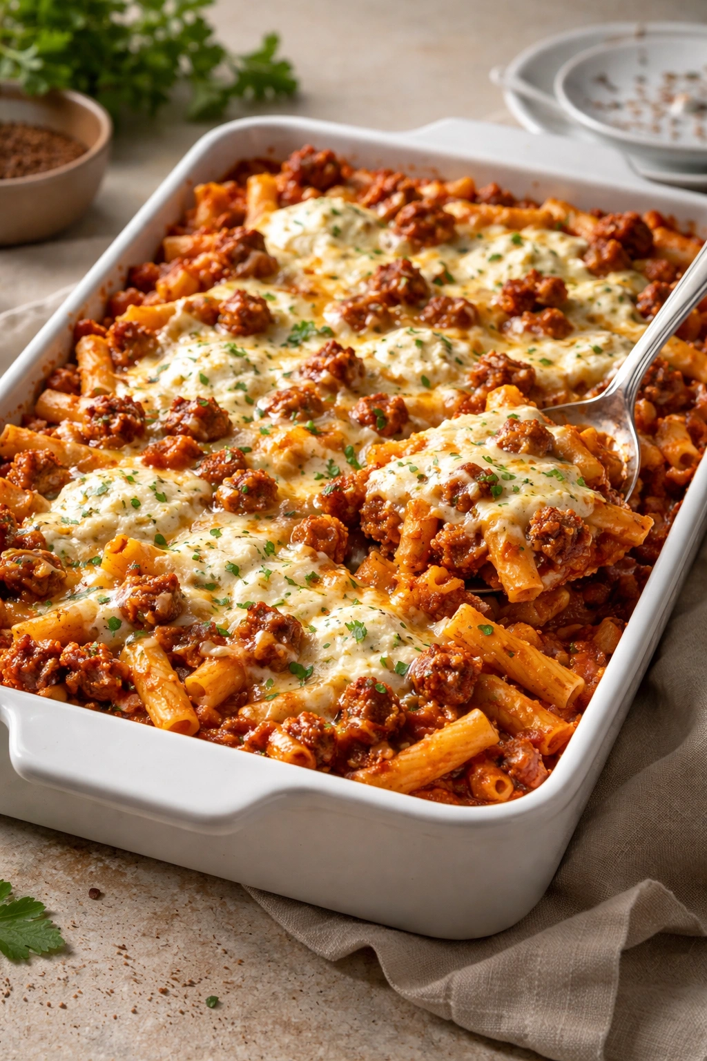 Baked ziti with sausage in a bubbly cheese-topped casserole.