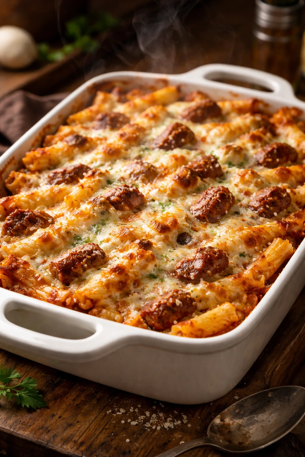 Close-up of bubbling baked ziti with sausage and three cheeses in a ceramic baking dish