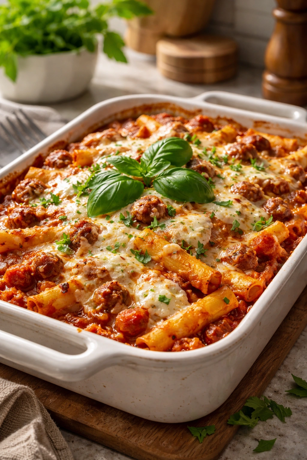 Baked ziti with melted cheese and fresh basil.