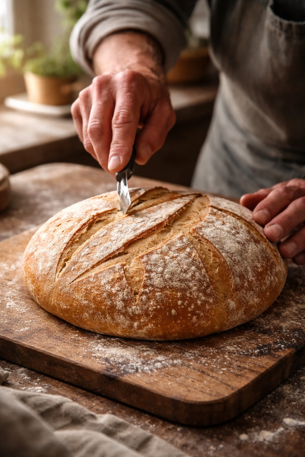 Close-up of a baker scoring a round loaf with a blade just before baking