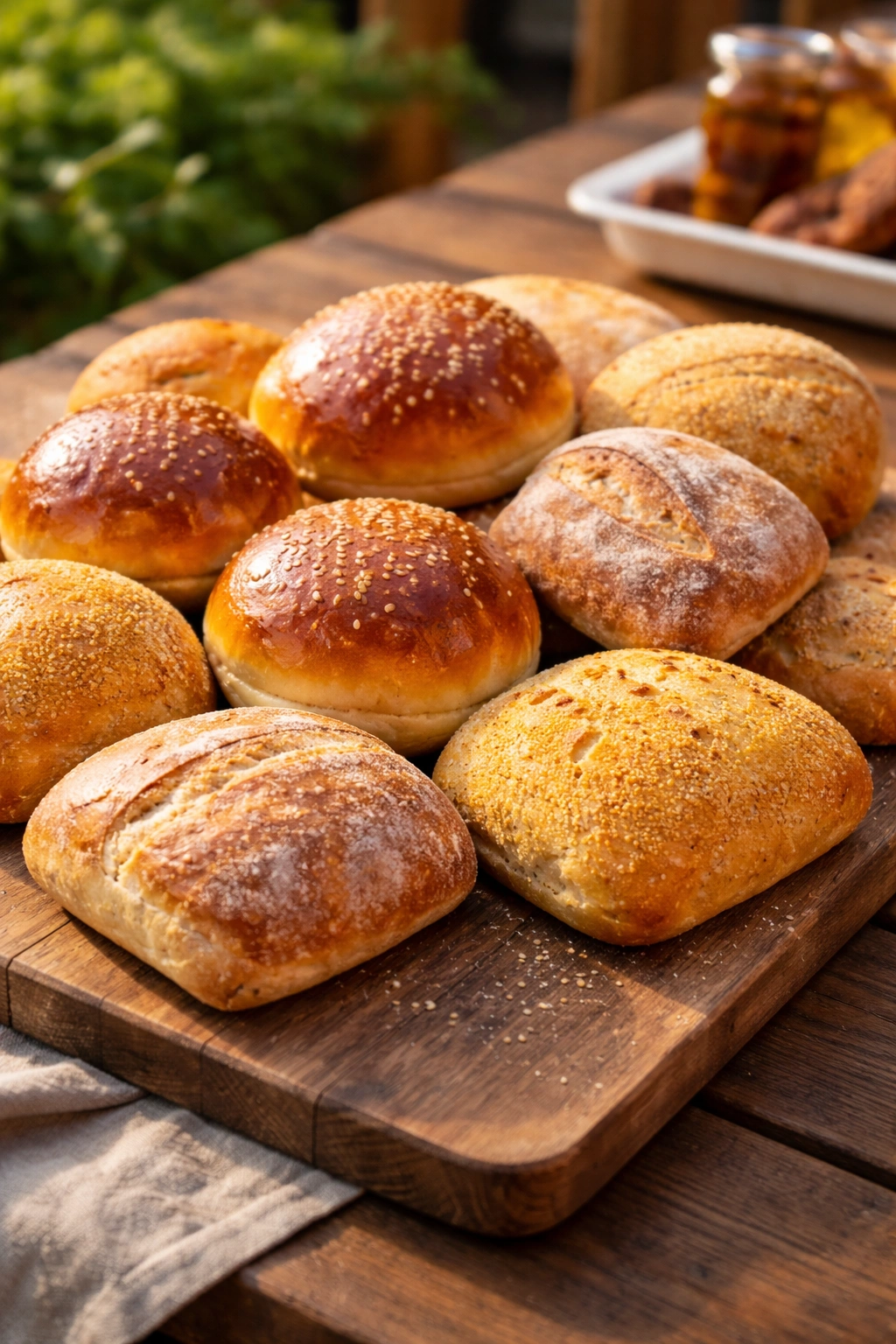 Artisanal bakery buns and brioche rolls on a rustic wooden board