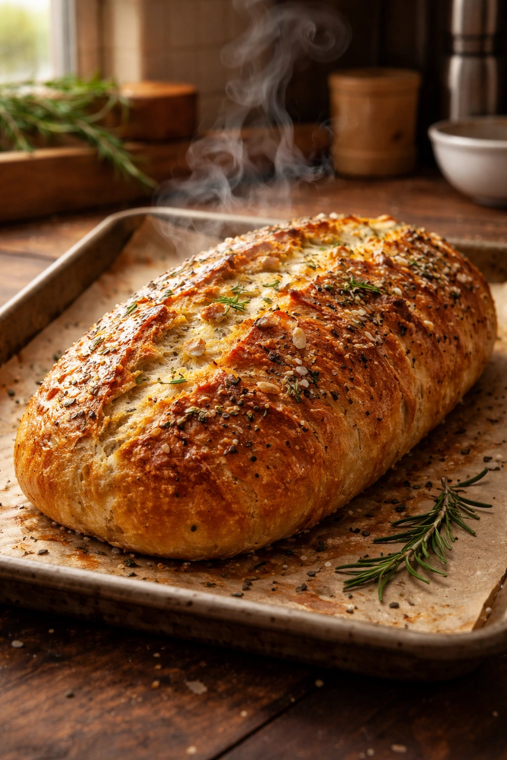 Close-up of crackly bakery crust with steam