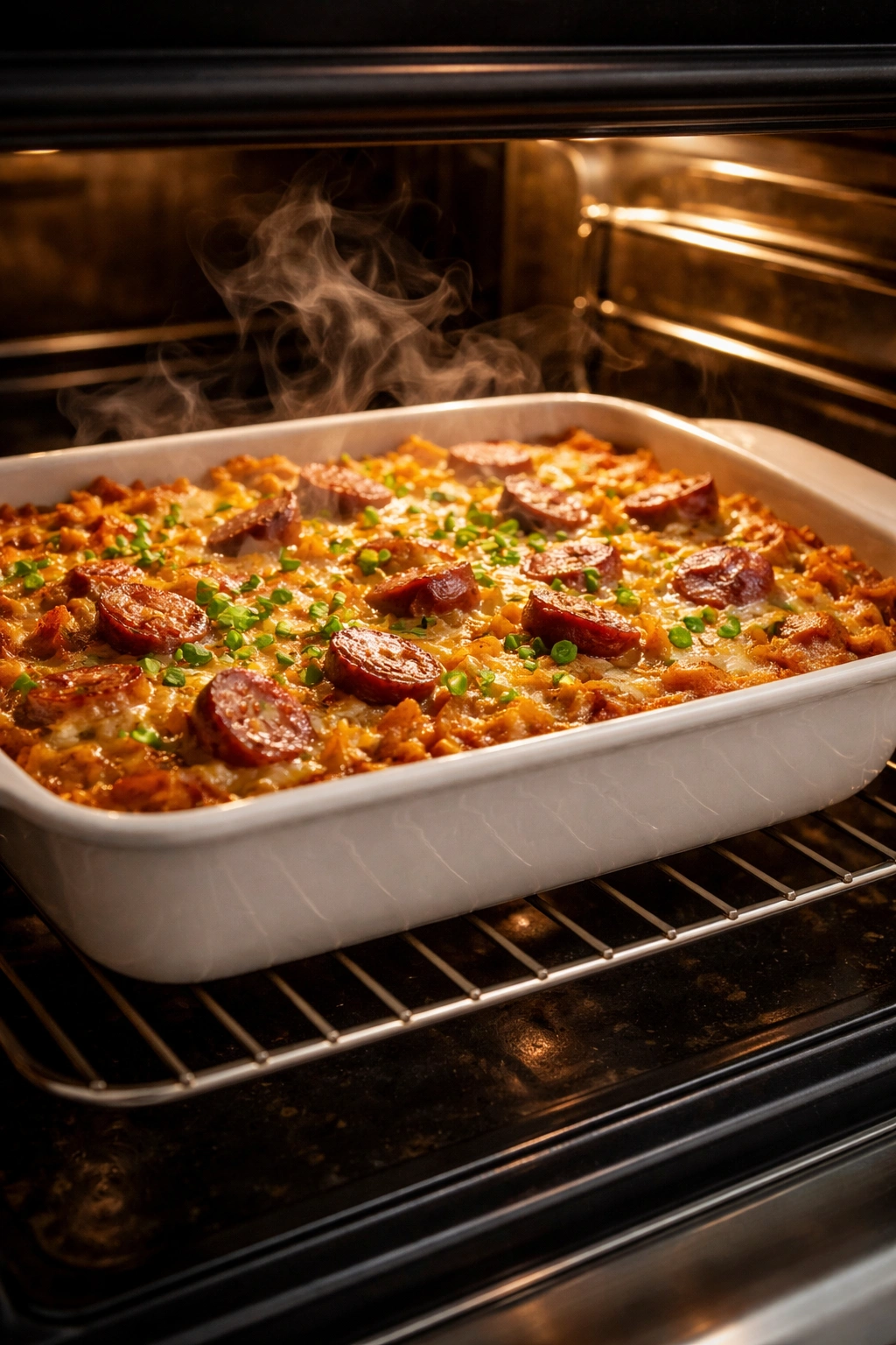 Casserole baking in the oven with steam rising.