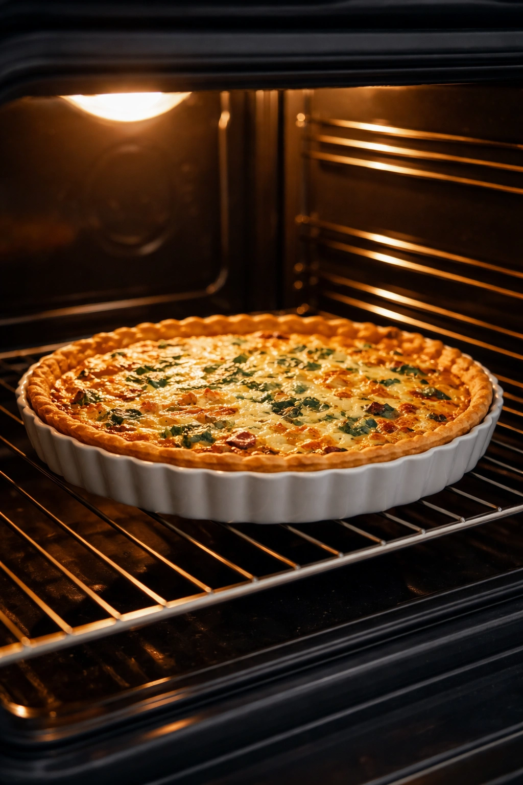 Quiche baking in oven on lower rack with golden edges
