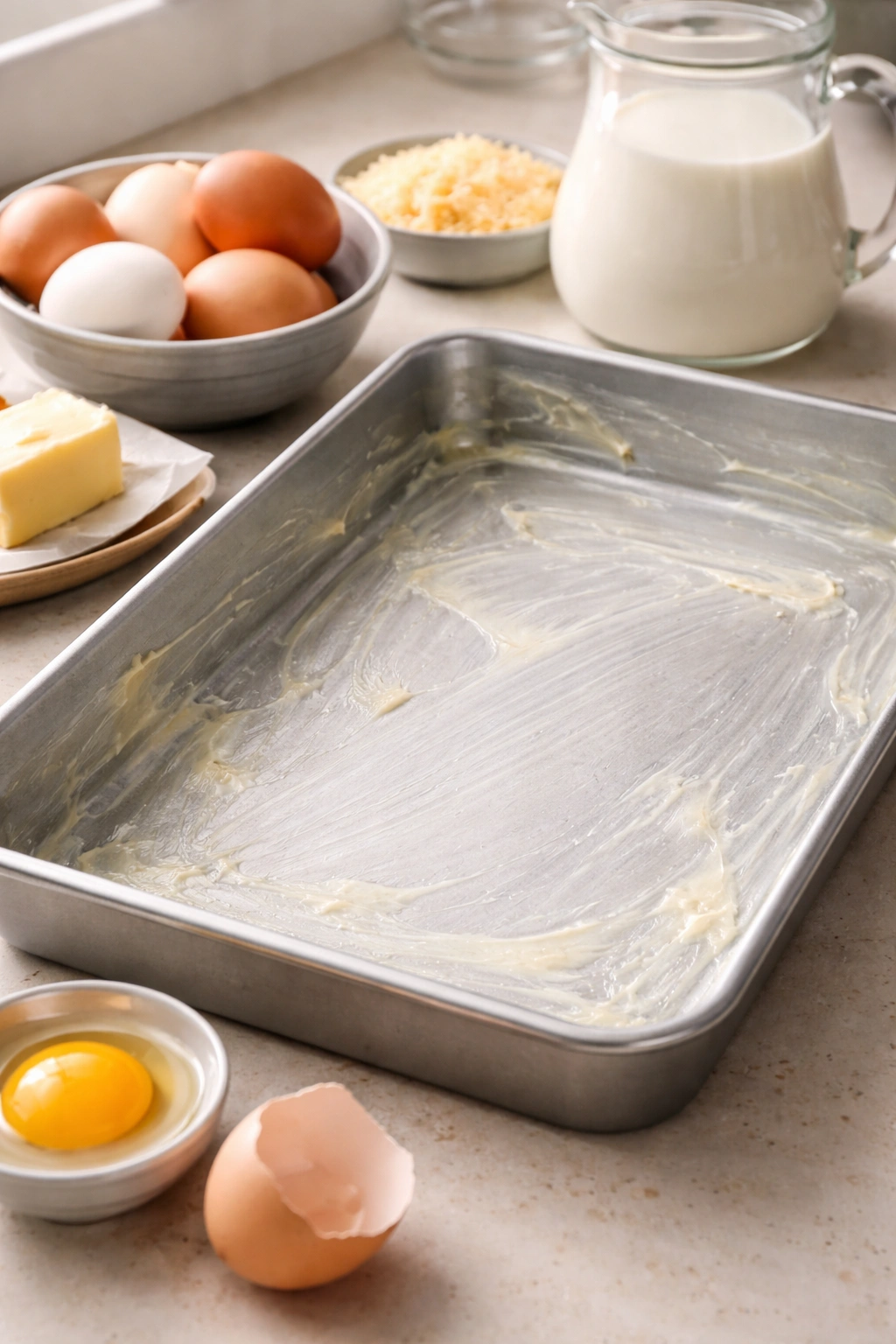 Buttered baking dish ready for eggs with fresh eggs nearby