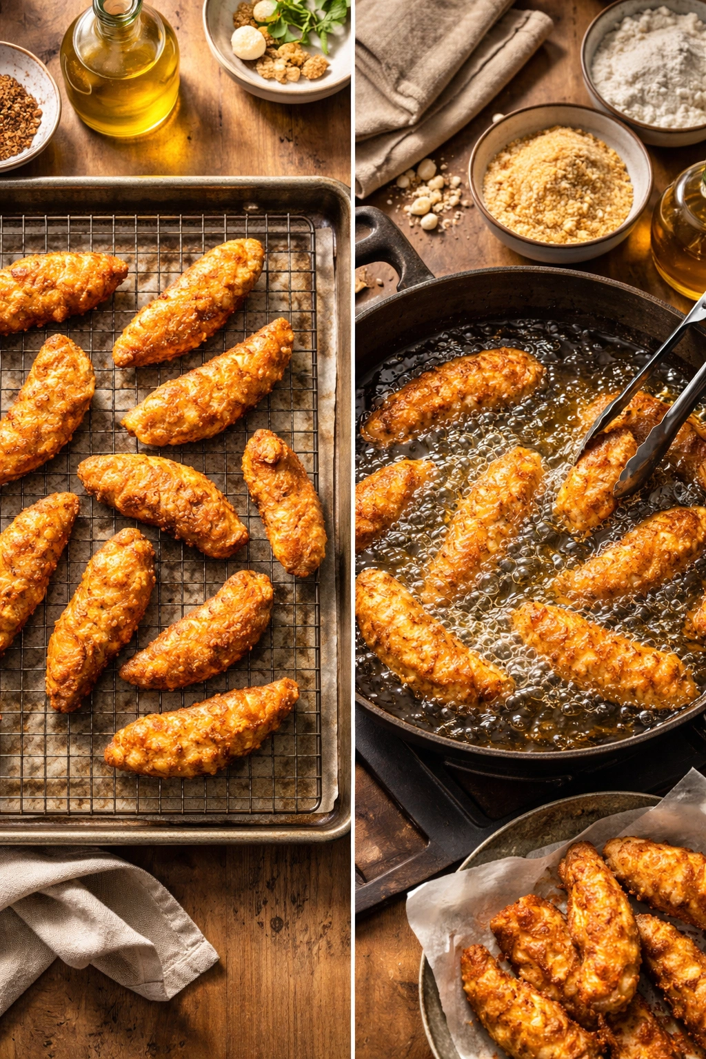 Tenders prepared for baking and frying methods side by side.