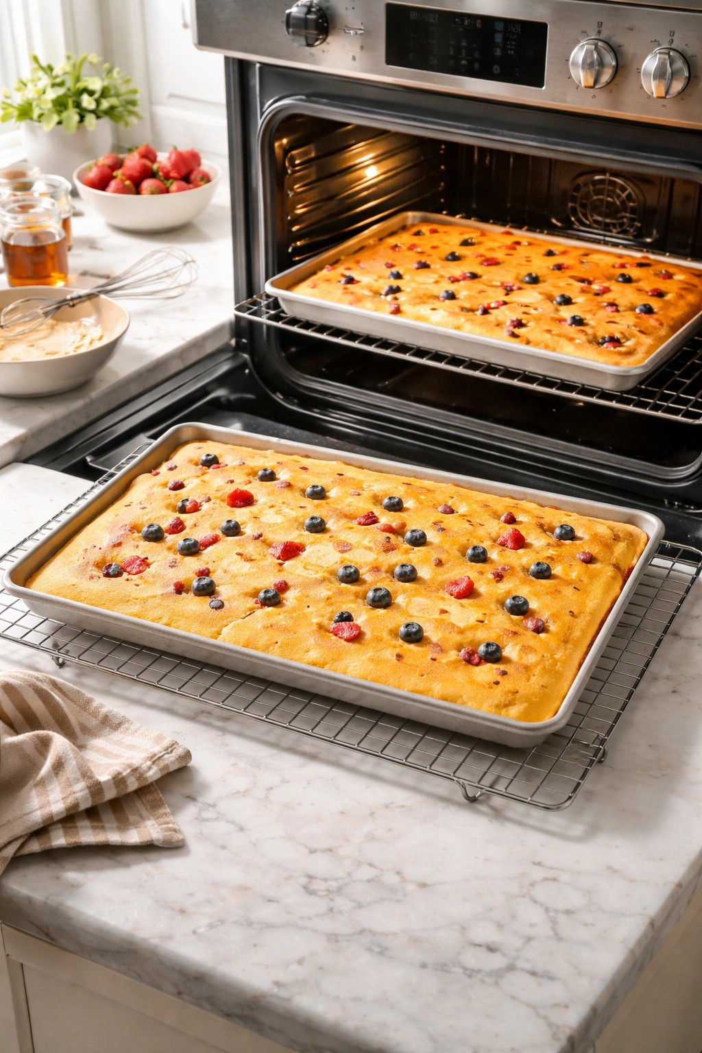 Two sheet pans showing multiple batches of pancakes in the oven and cooling