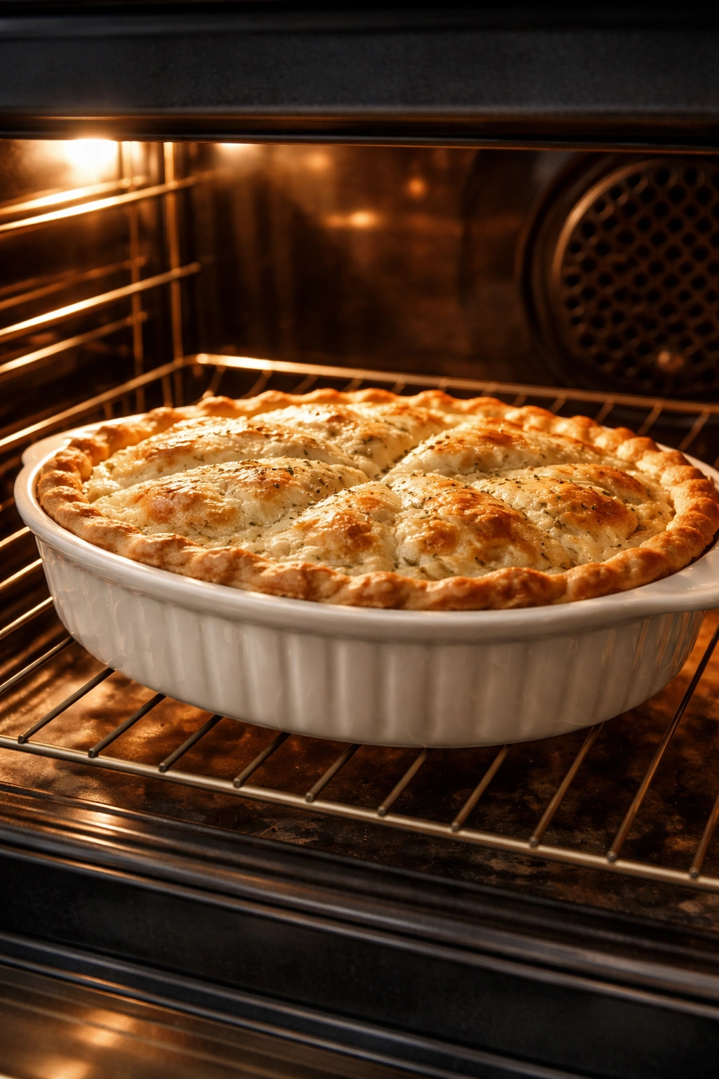 Baking dish with pastry crust in oven