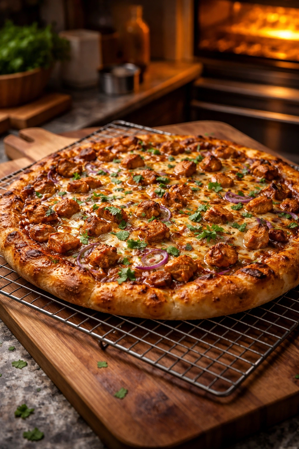 Freshly baked BBQ chicken pizza with golden crust and bubbly cheese on a wooden board