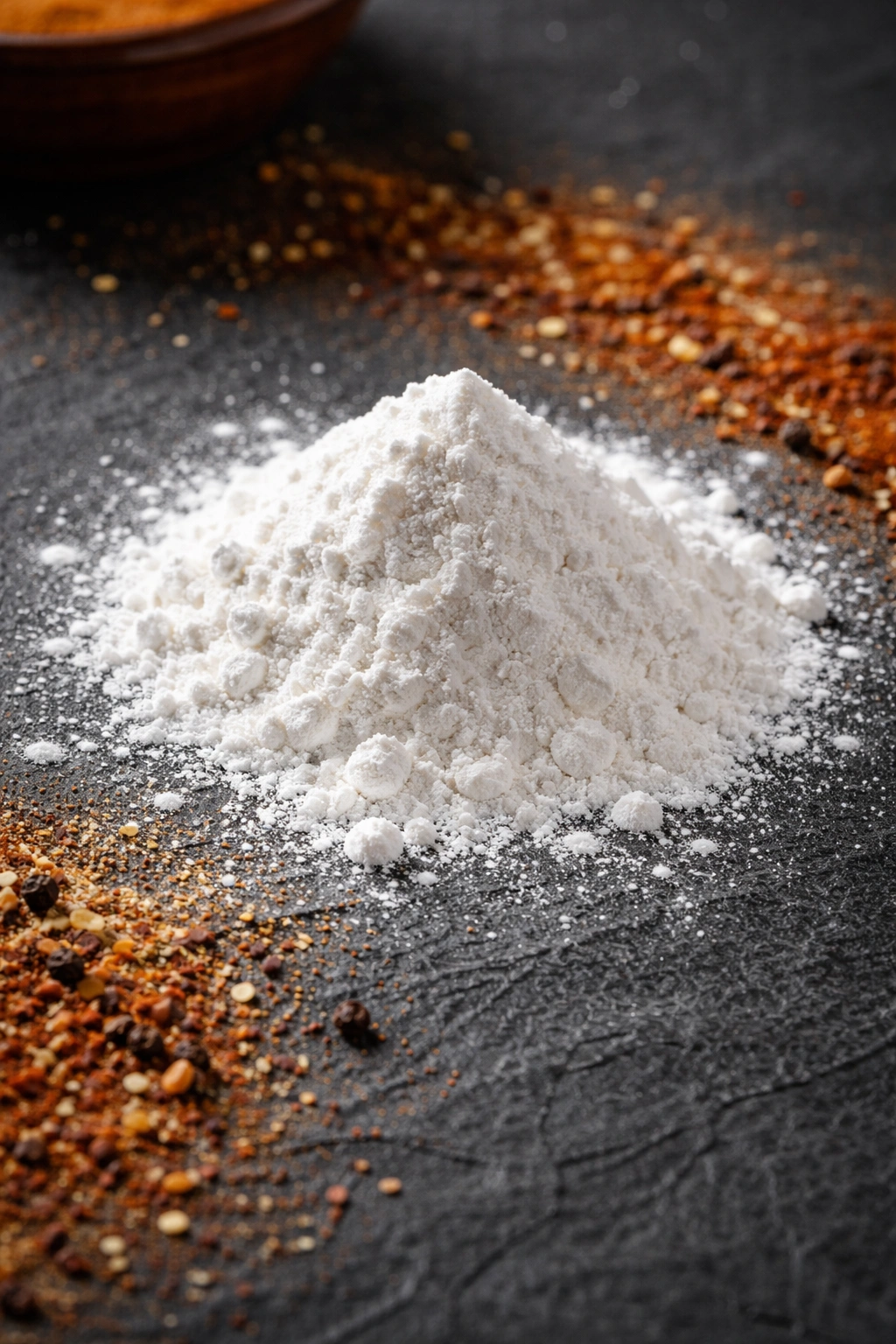 Heap of aluminum-free baking powder on slate surface