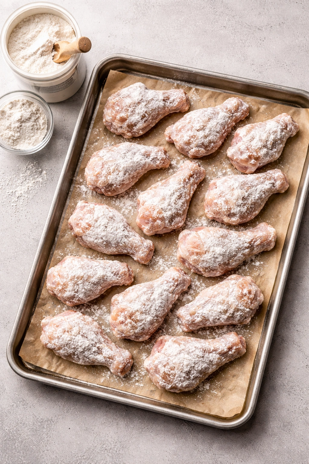 Wings dusted with baking powder on a plain sheet.