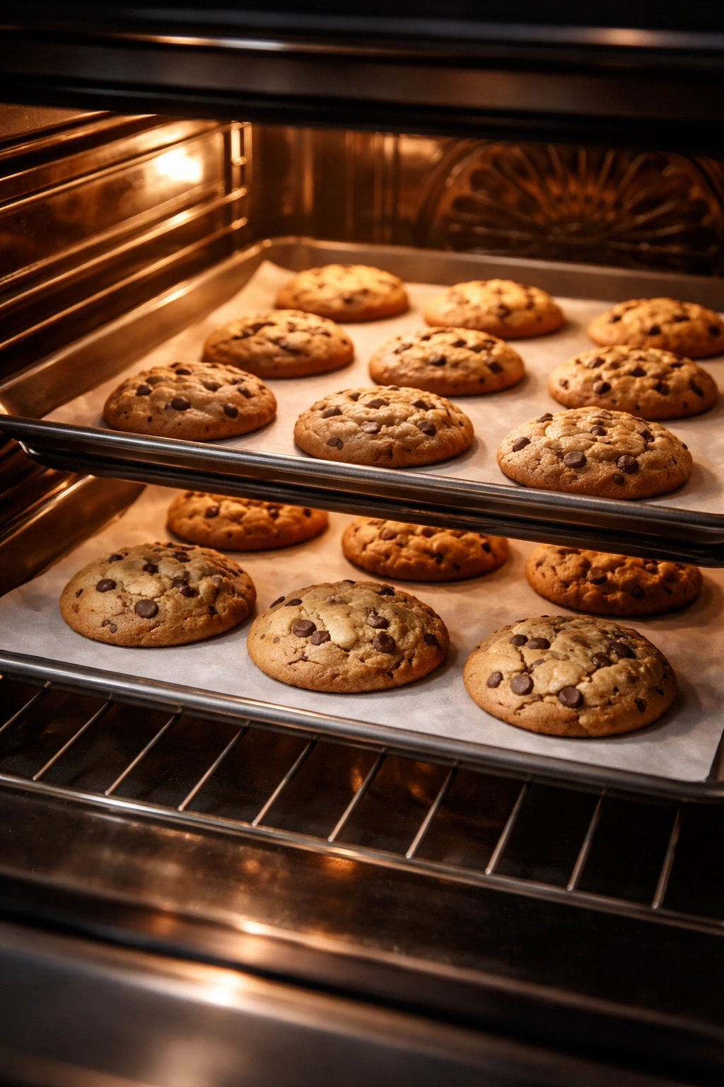 Cookies on parchment-lined sheets ready to bake in the oven.