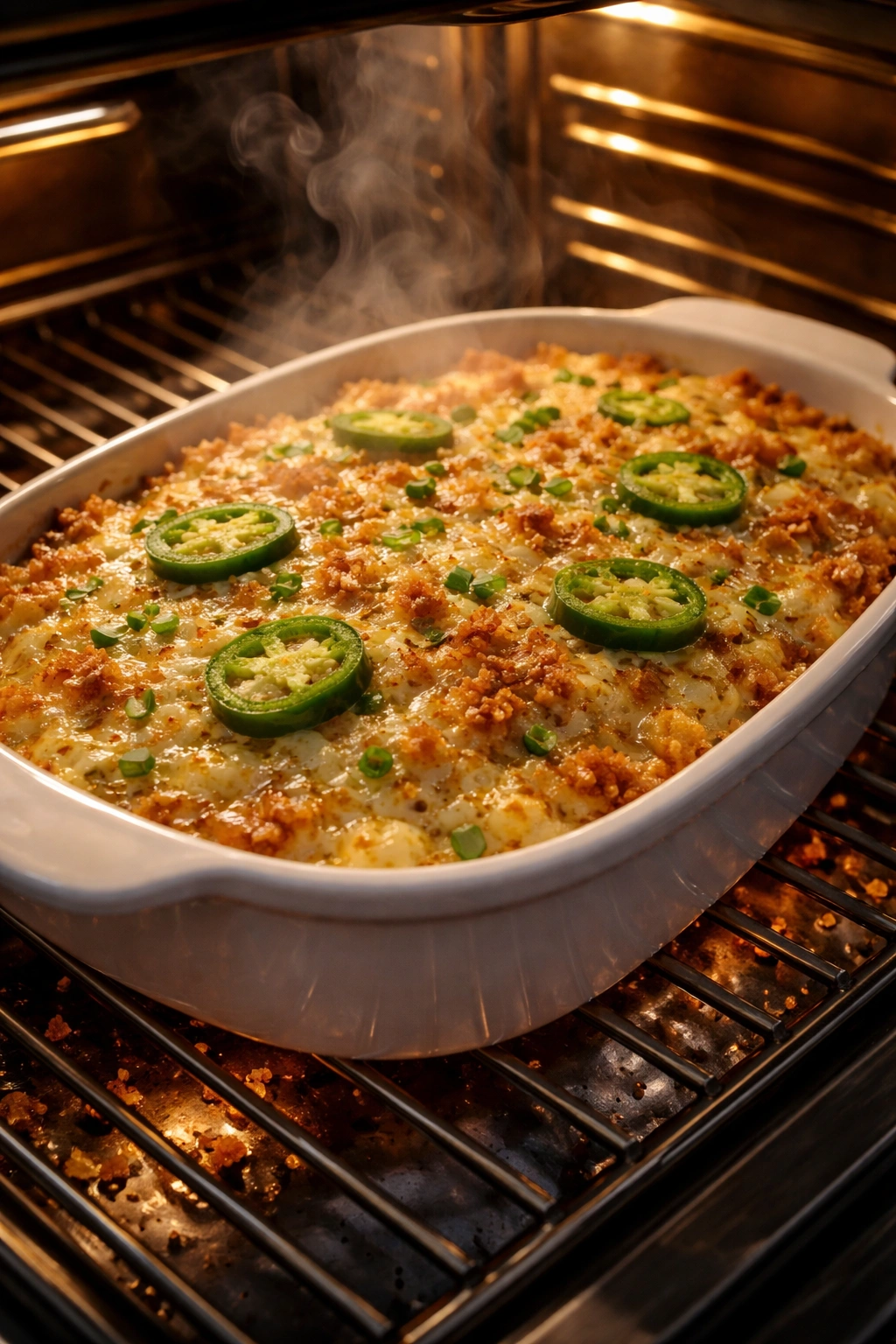 Baking dish bubbling with golden breadcrumb topping in warm oven glow