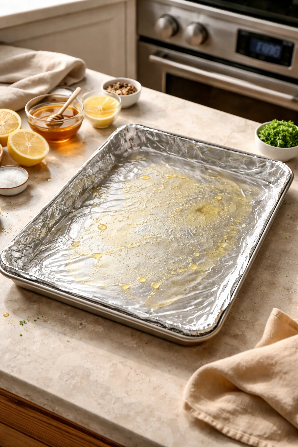 Foil-lined baking sheet on a kitchen counter with oven in background.