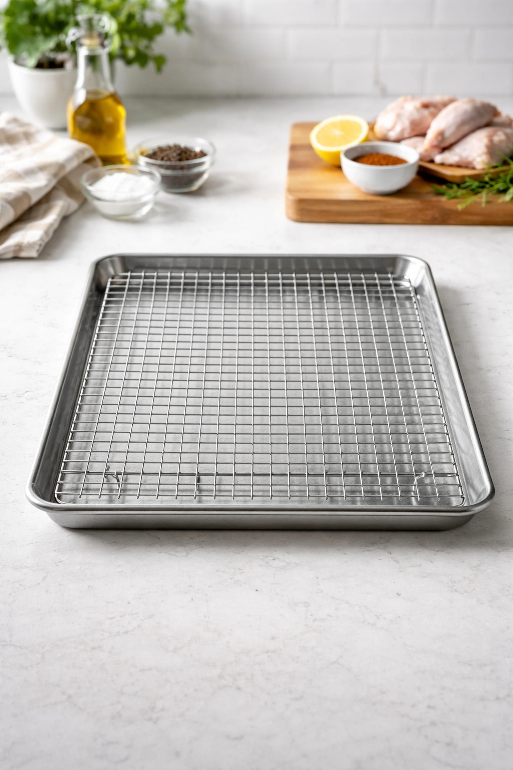 Rimmed baking sheet with a wire rack on a clean counter.