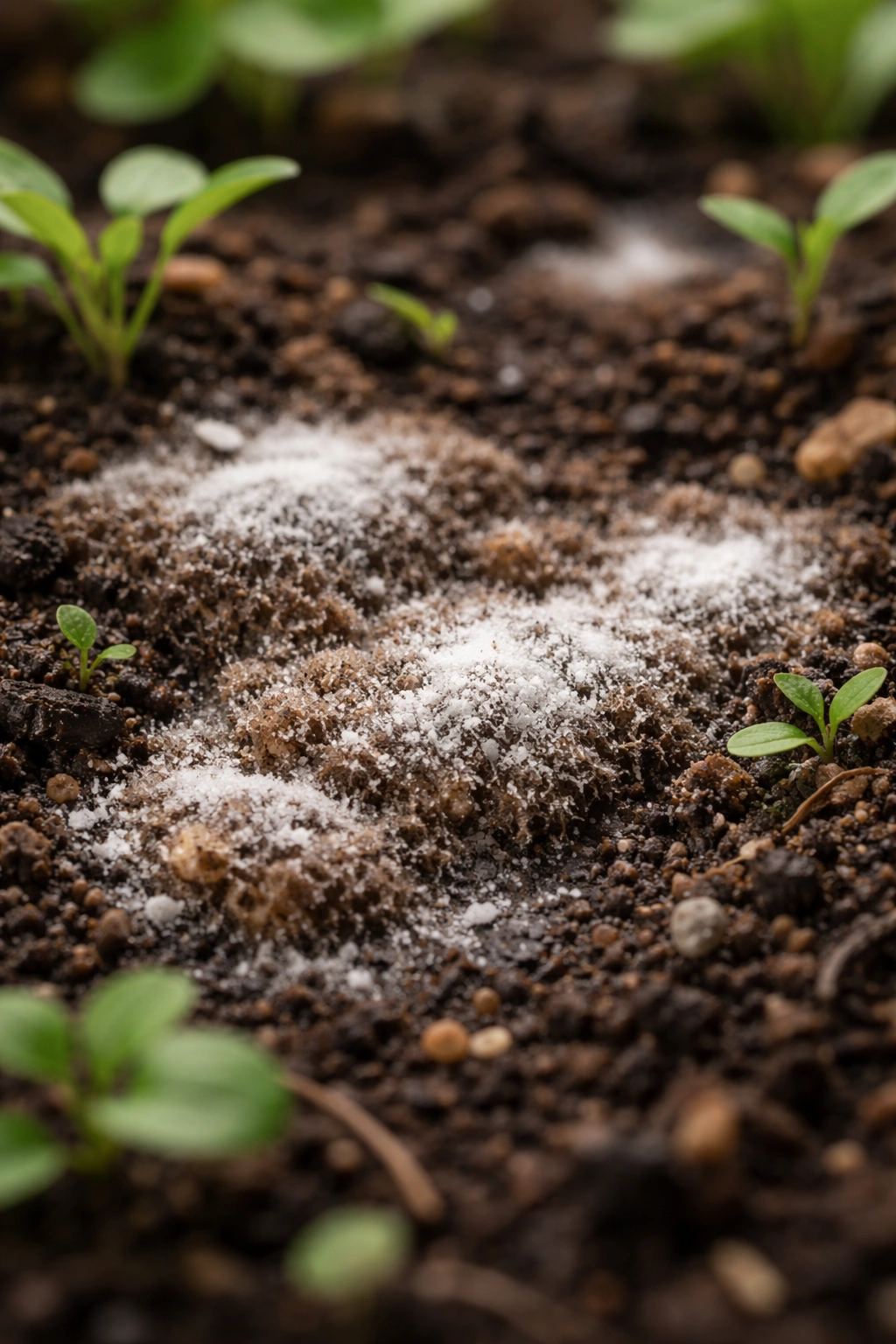 Soil with pale baking soda residue on brown fungus patches