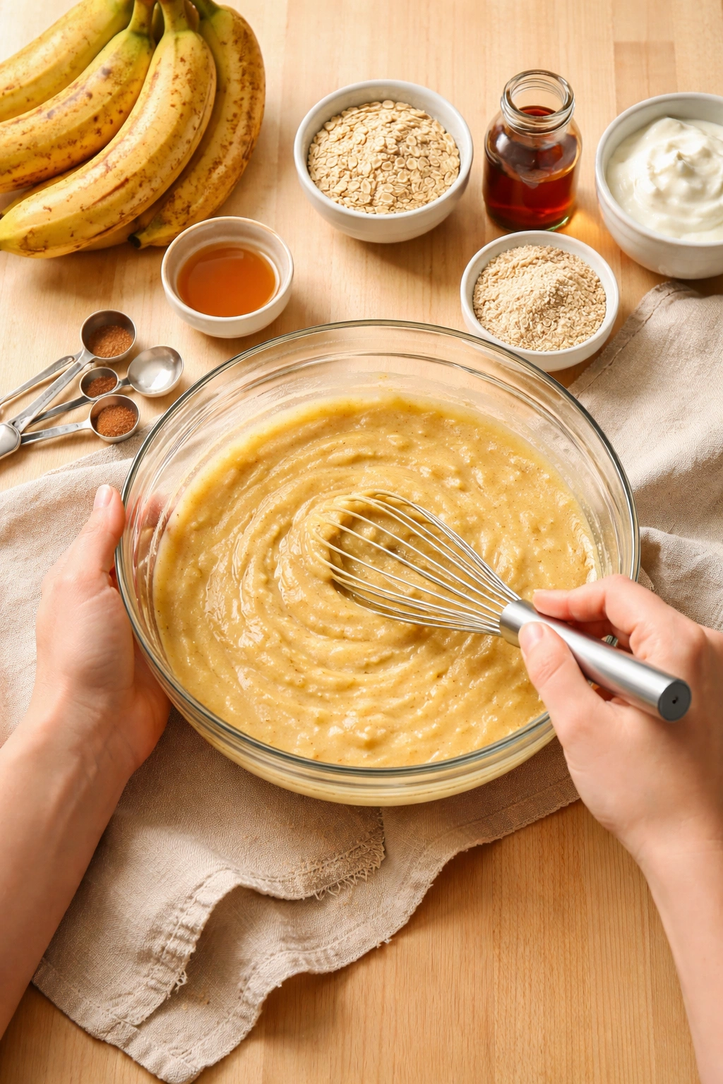 Hand whisking batter in a bowl with measuring spoons nearby