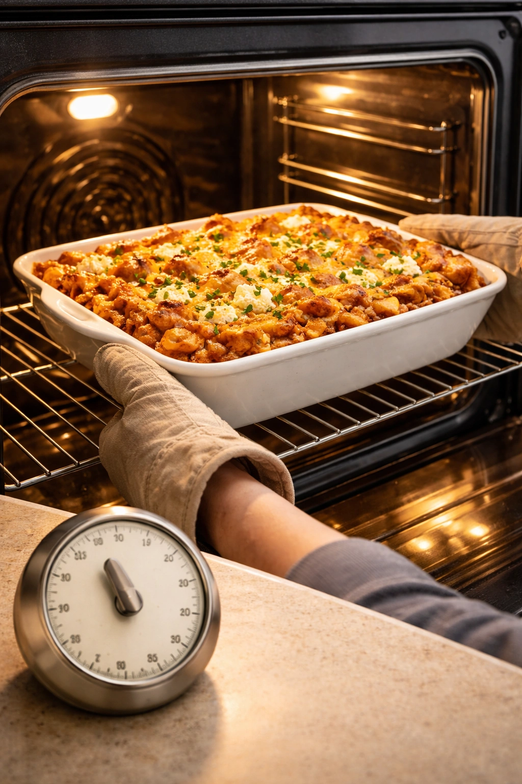 Casserole in oven with centered rack and round dial timer on counter, warm kitchen lighting.