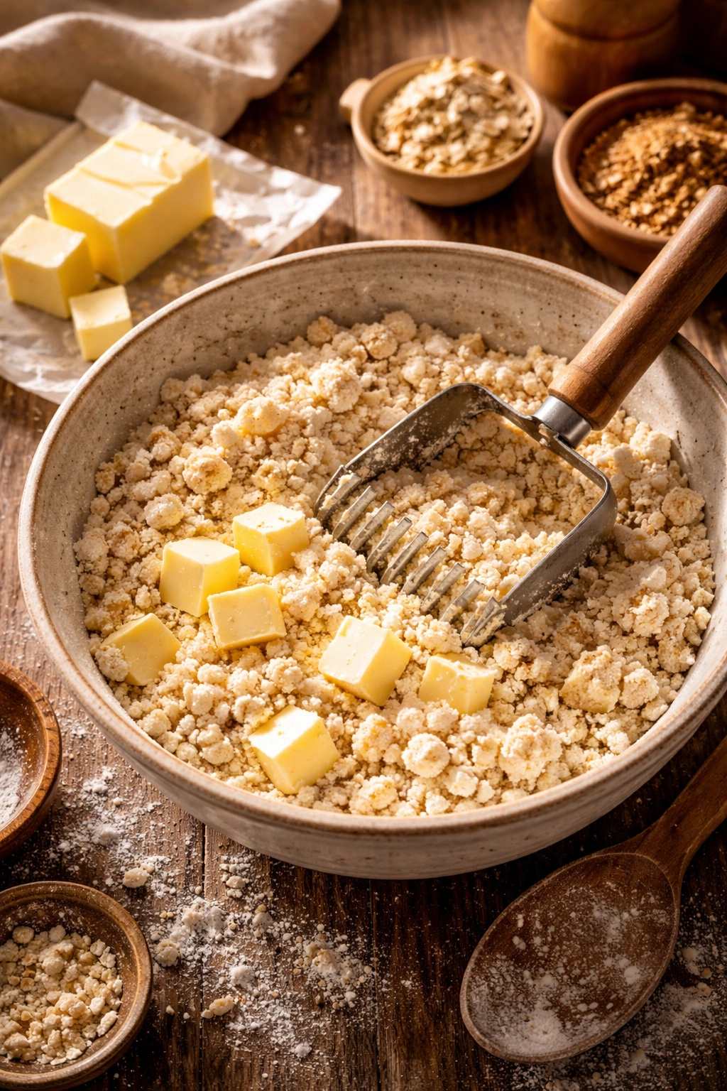 Close-up of crumbly crumble with cold butter for peach crumble, illustrating proper technique