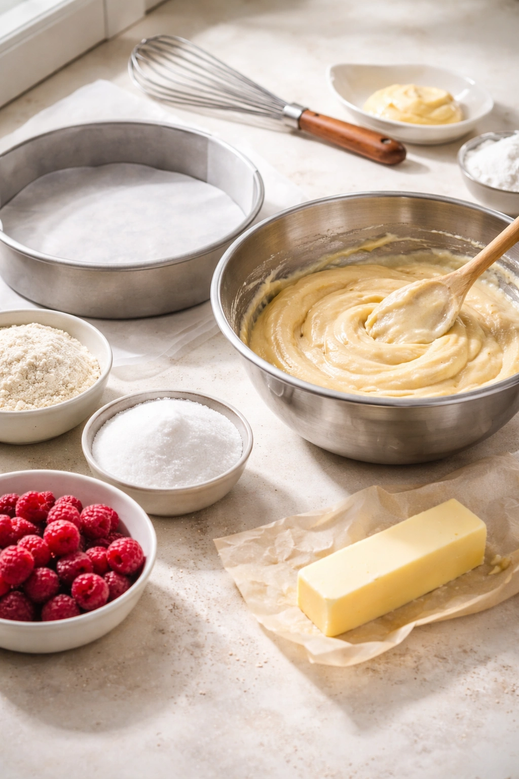 Still life of baking tools and batter preparation for raspberry cake