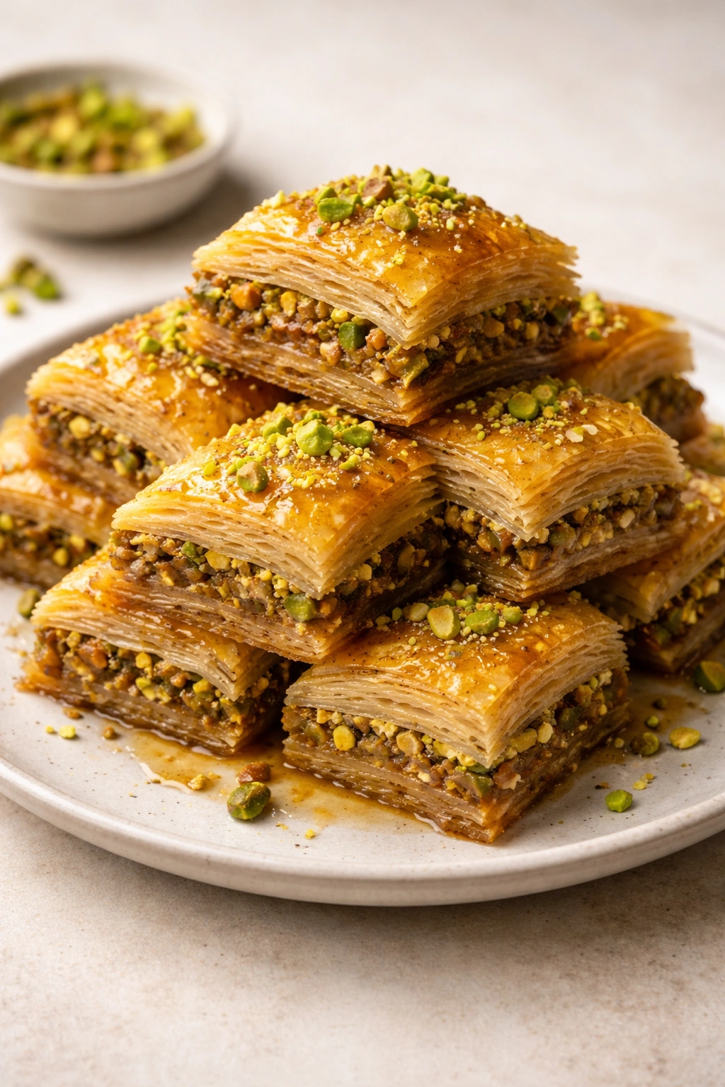 Close-up of honey-soaked baklava with pistachios on a plate