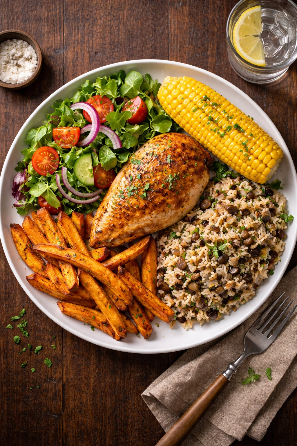Balanced plate showing chicken with multiple sides for thoughtful pairing.