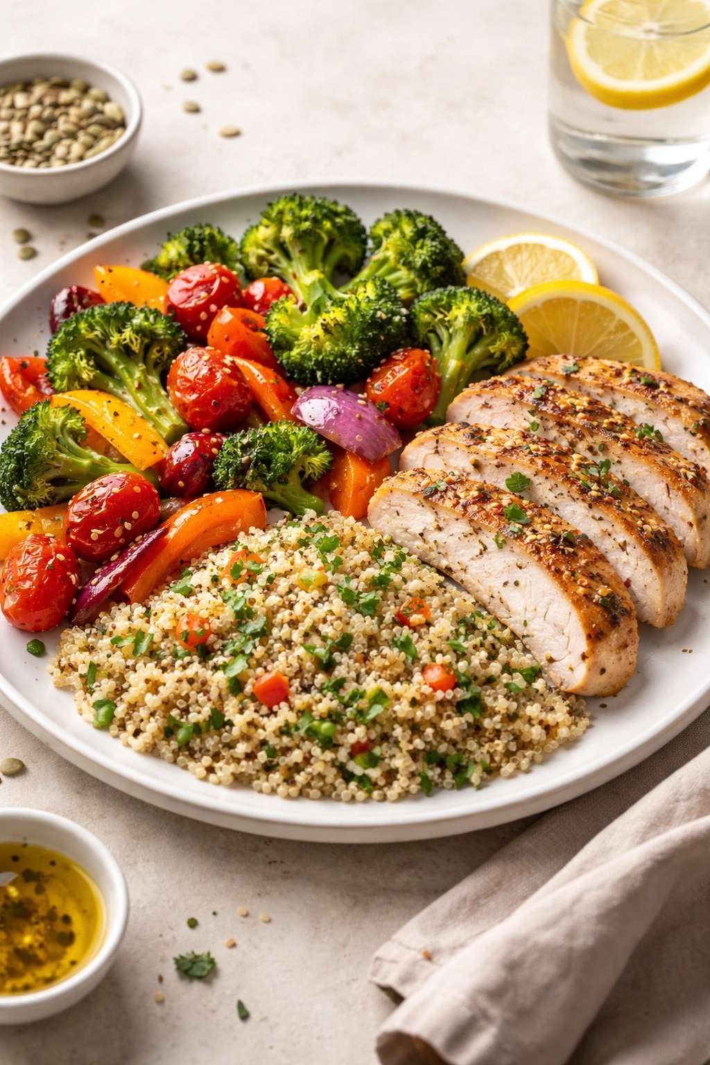 Balanced dinner plate with vegetables, protein, and whole grains showing a satisfying meal