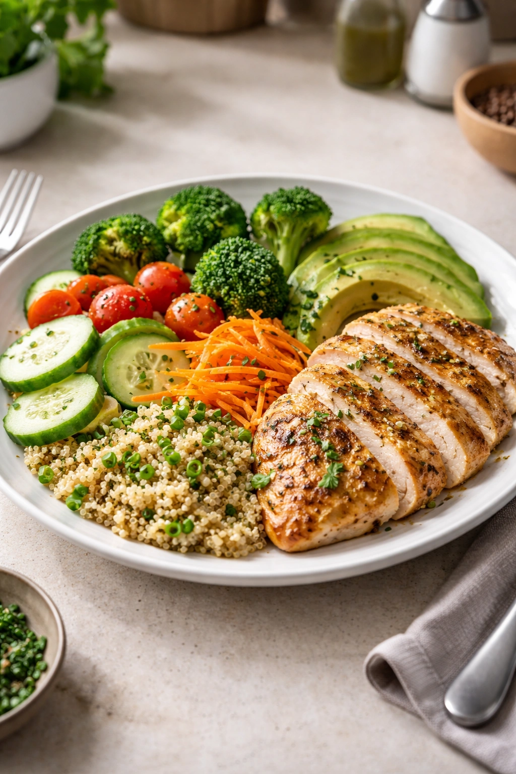 Plate showing balanced portions of protein, carbs, and vegetables.