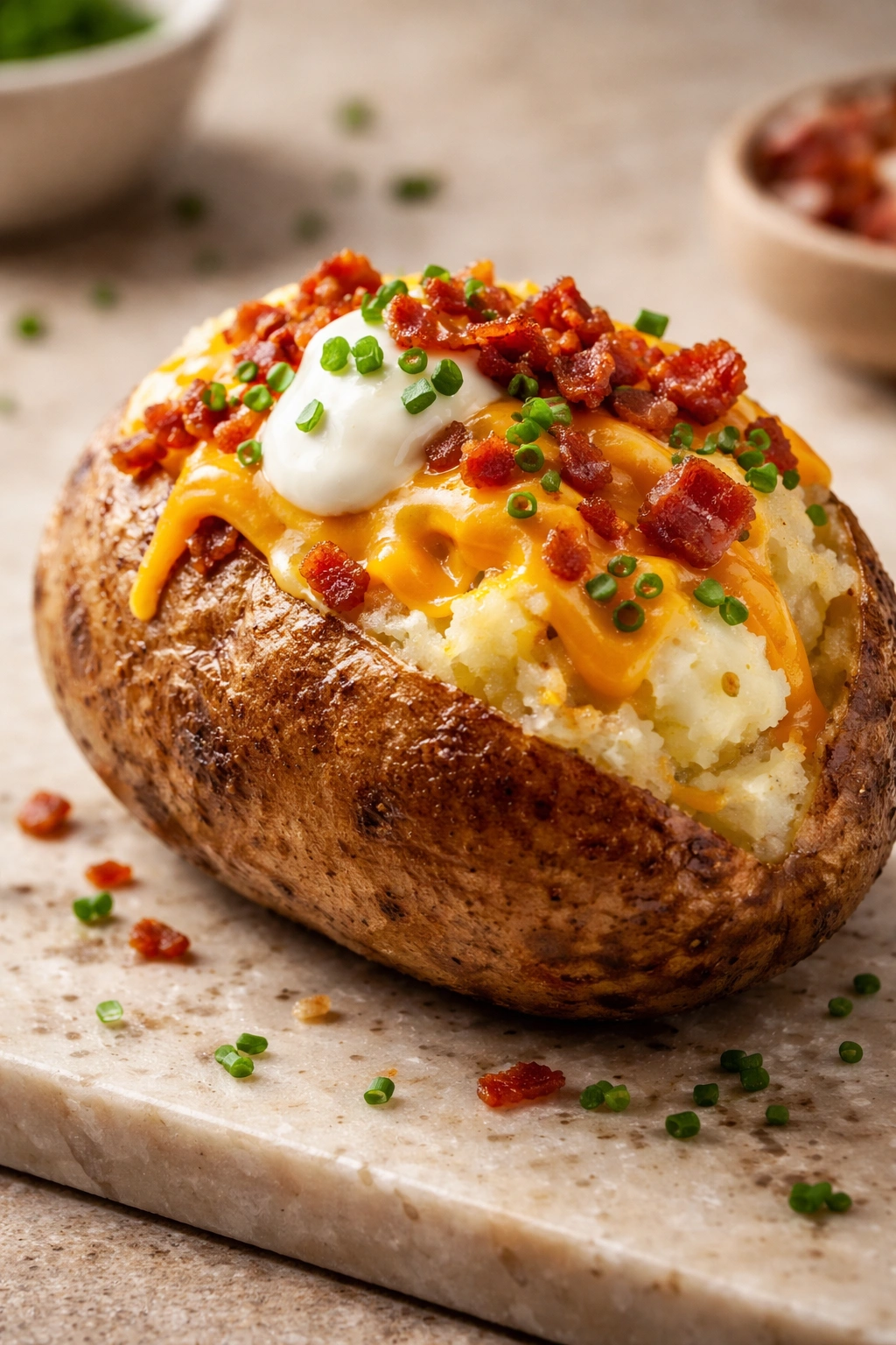 Half of a loaded potato showing balanced toppings of butter, sour cream, cheese, and chives.