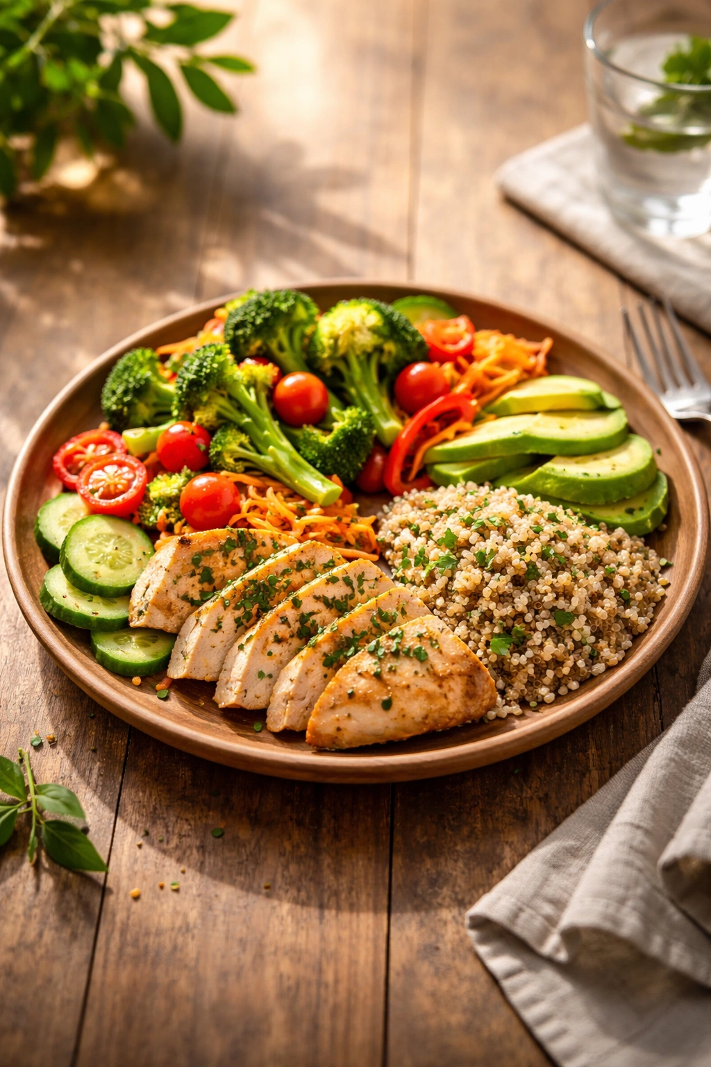Balanced lunch/dinner plate with vegetables, protein, and grains