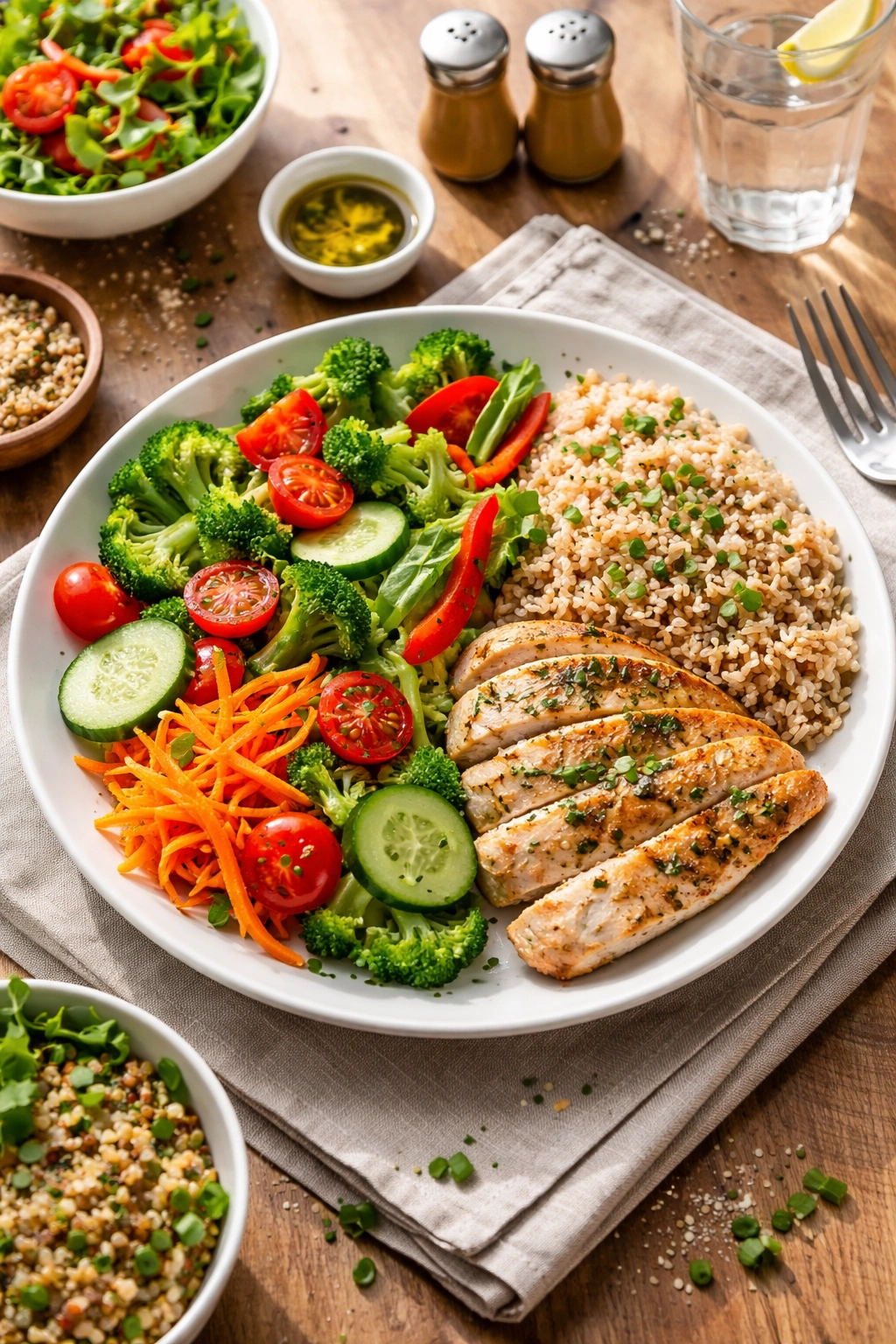 Plate showing the balanced plate method with vegetables, protein, and grains
