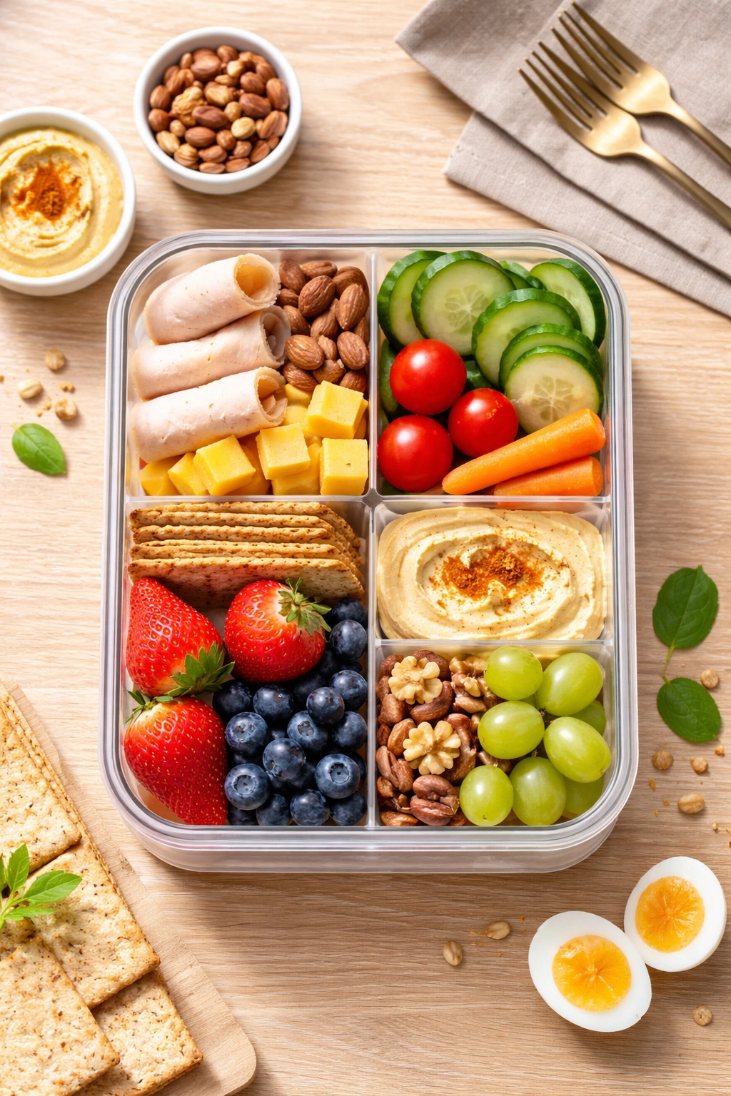 Balanced snack box displaying protein, fats, and carbs in compartments